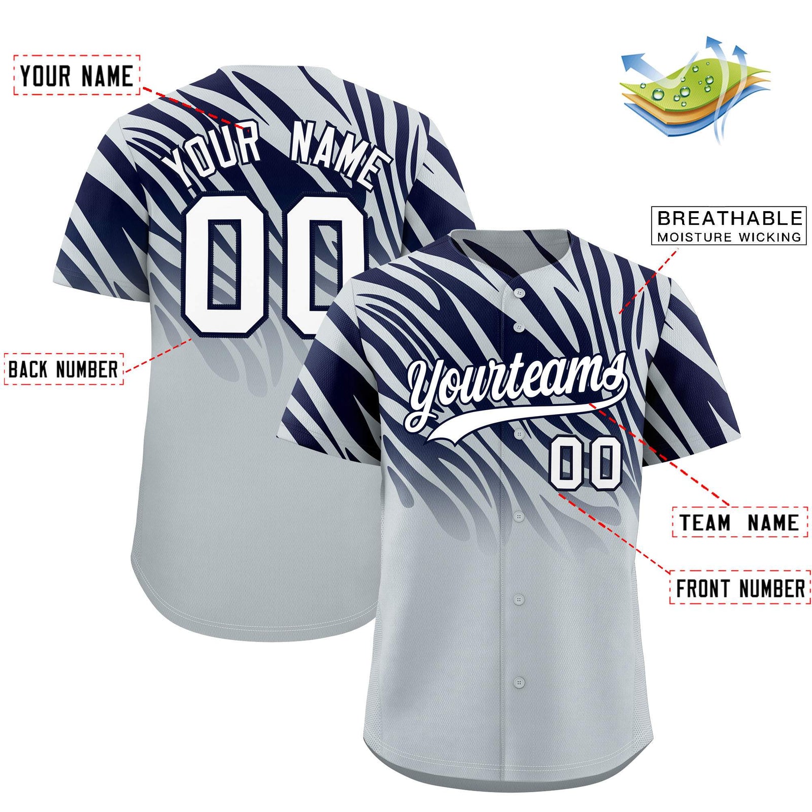 Custom Navy Silver Tiger Stripe Gradient Animal Print Personalized Team Shirt Baseball Jersey