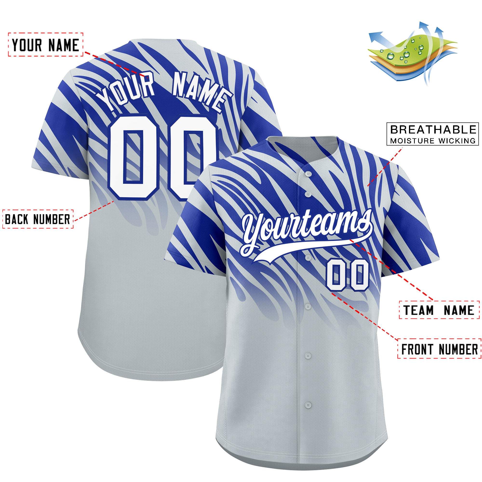 Custom Royal Silver Tiger Stripe Gradient Animal Print Personalized Team Shirt Baseball Jersey