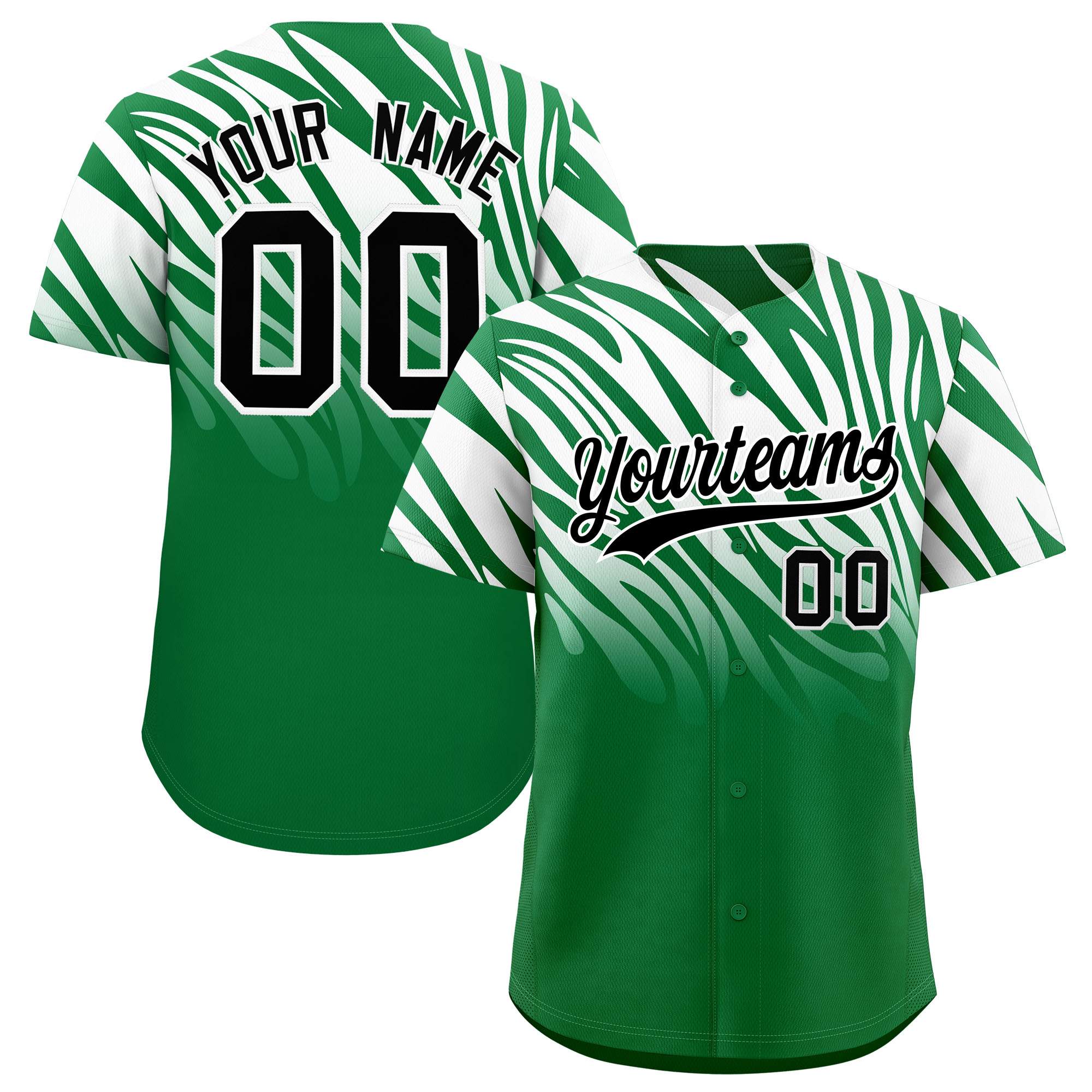 Custom Kelly Green White Tiger Stripe Gradient Animal Print Personalized Team Shirt Baseball Jersey
