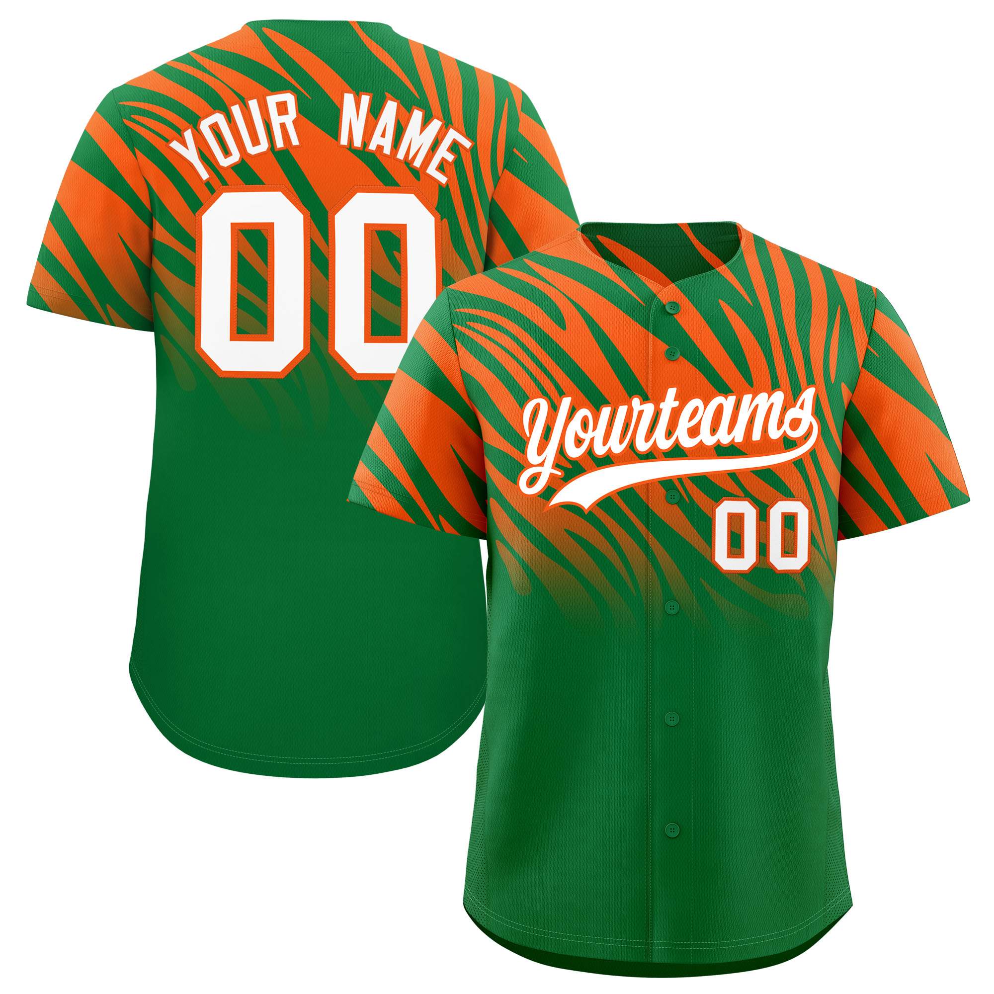 Custom Kelly Green Orange Tiger Stripe Gradient Animal Print Personalized Team Shirt Baseball Jersey
