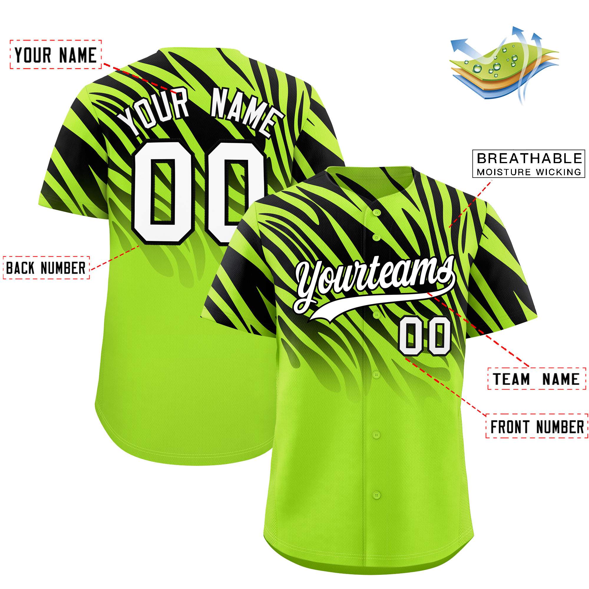 Custom Neon Green Black Tiger Stripe Gradient Animal Print Personalized Team Shirt Baseball Jersey