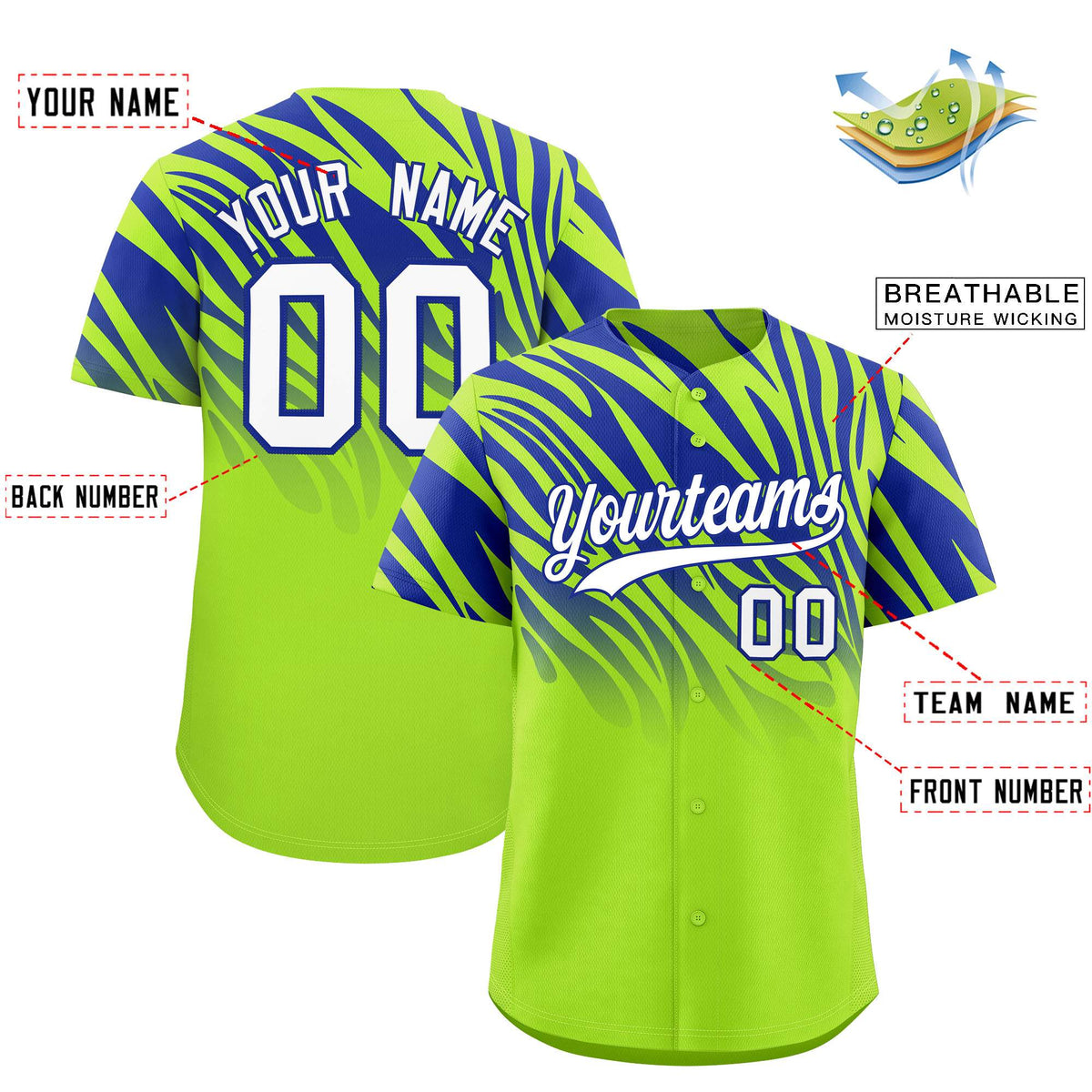 Custom Neon Green Royal Tiger Stripe Gradient Animal Print Personalized Team Shirt Baseball Jersey