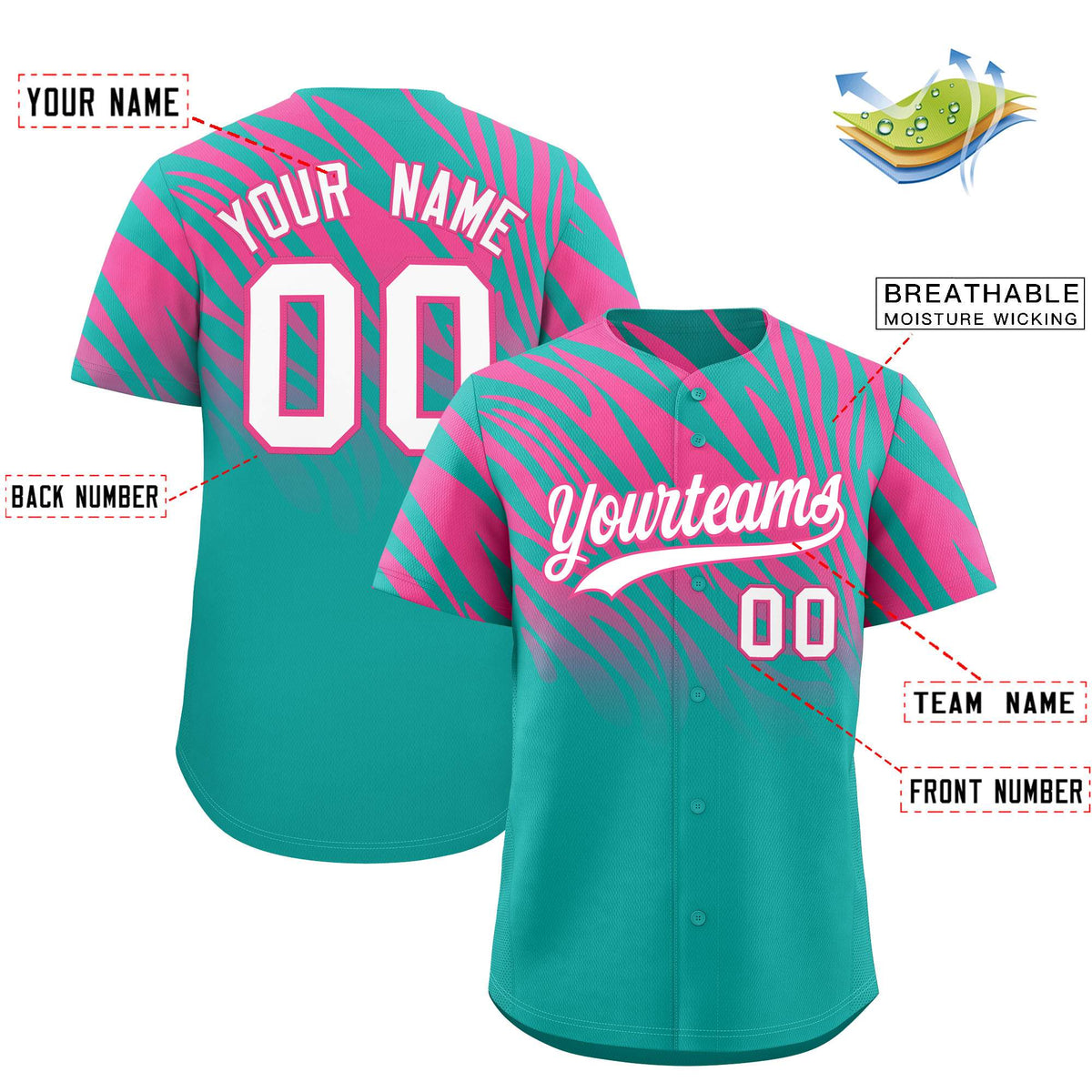 Custom Aqua Pink Tiger Stripe Gradient Animal Print Personalized Team Shirt Baseball Jersey