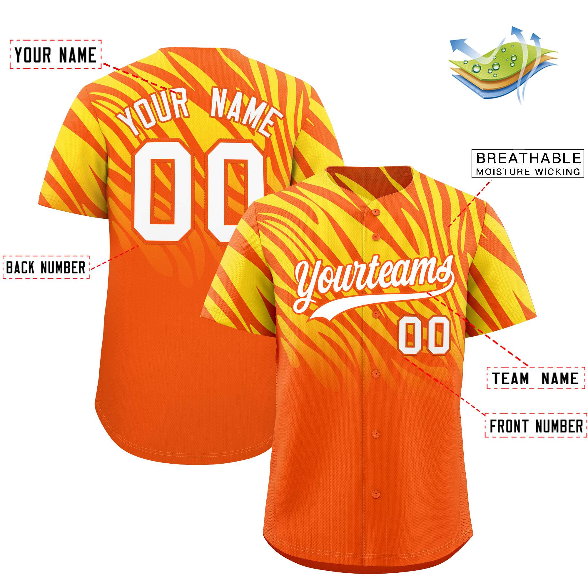 Custom Orange Gold Tiger Stripe Gradient Animal Print Personalized Team Shirt Baseball Jersey