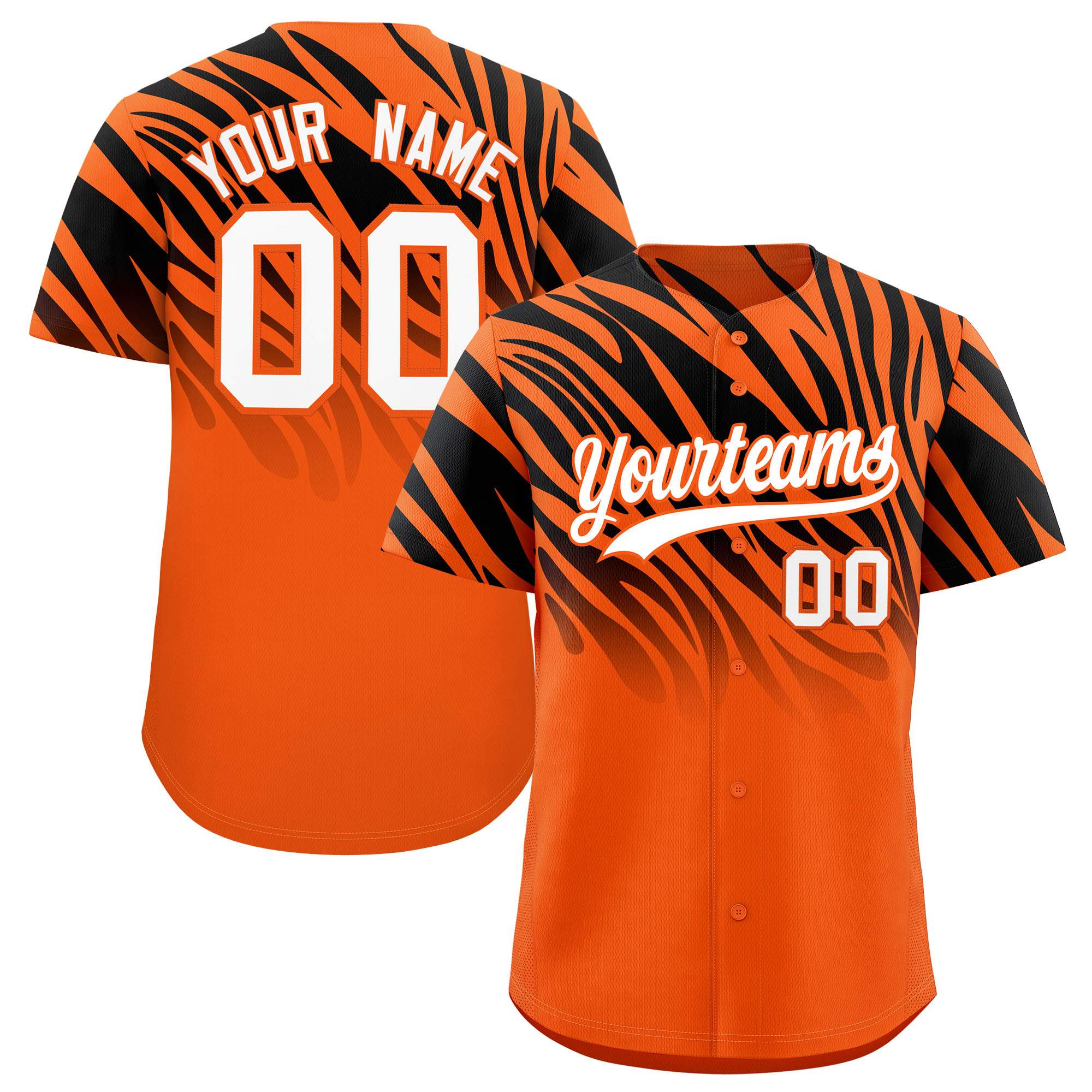 Custom Black Orange Tiger Stripe Gradient Animal Print Personalized Team Shirt Baseball Jersey