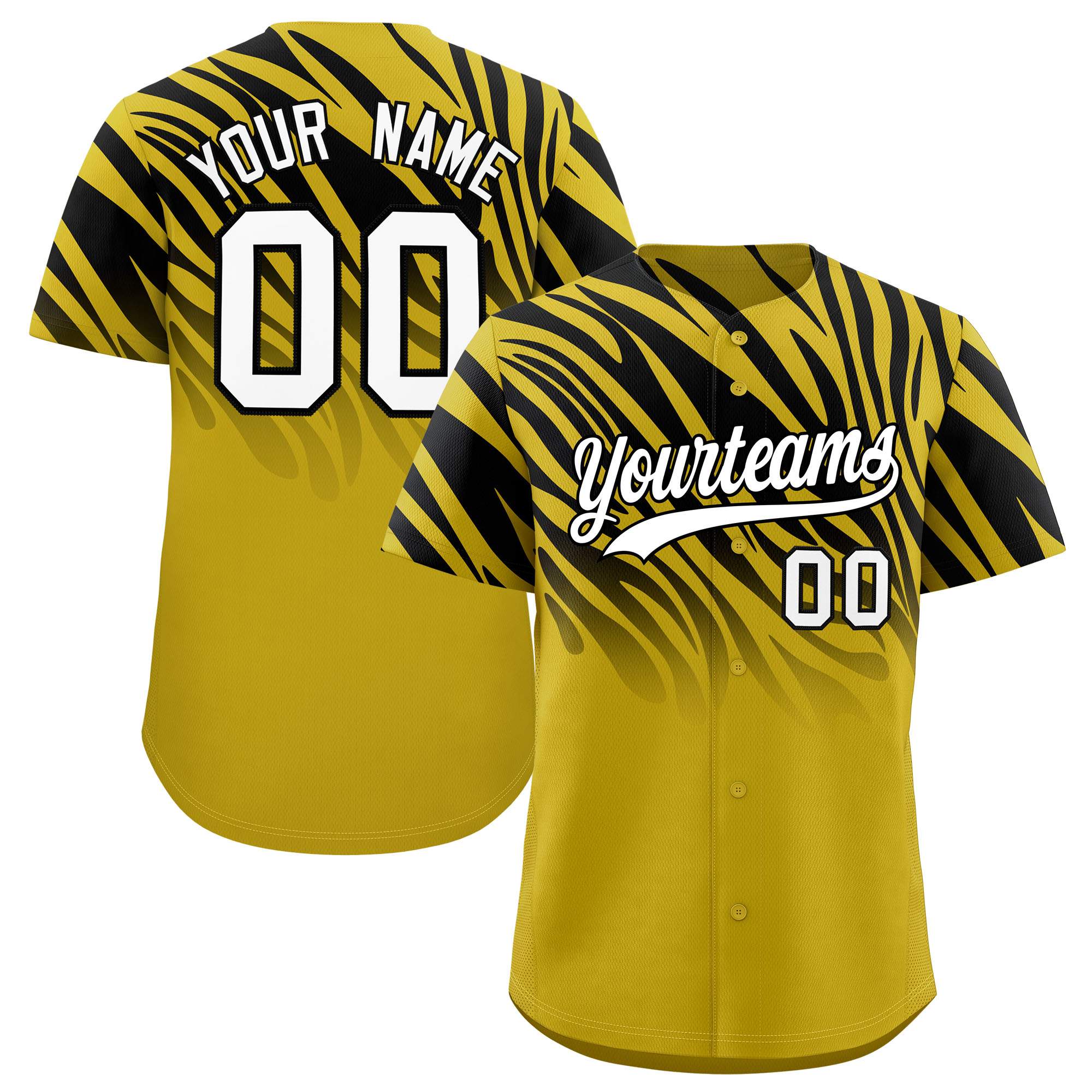 Custom Black Old Gold Tiger Stripe Gradient Animal Print Personalized Team Shirt Baseball Jersey