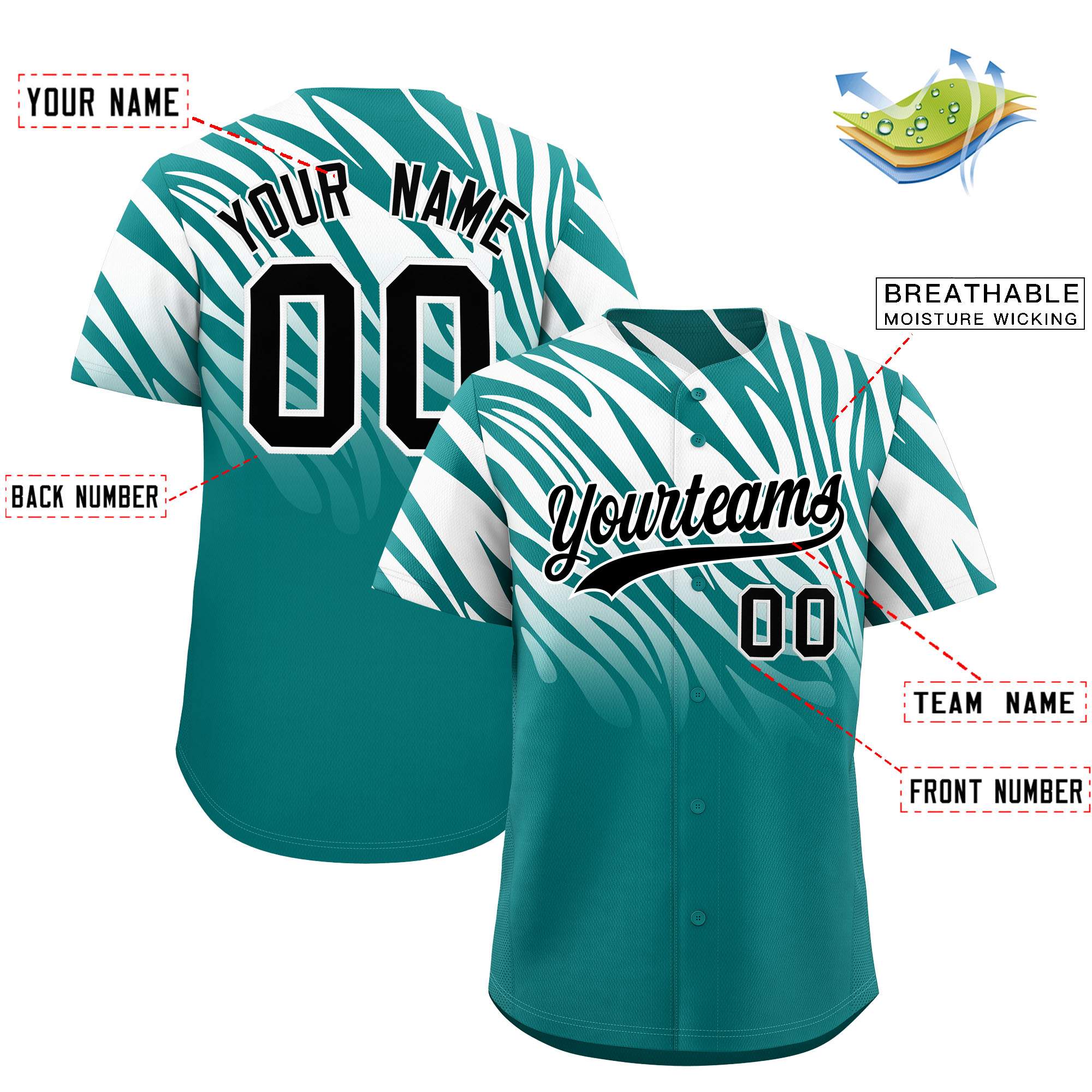 Custom Aqua White Tiger Stripe Gradient Animal Print Personalized Team Shirt Baseball Jersey