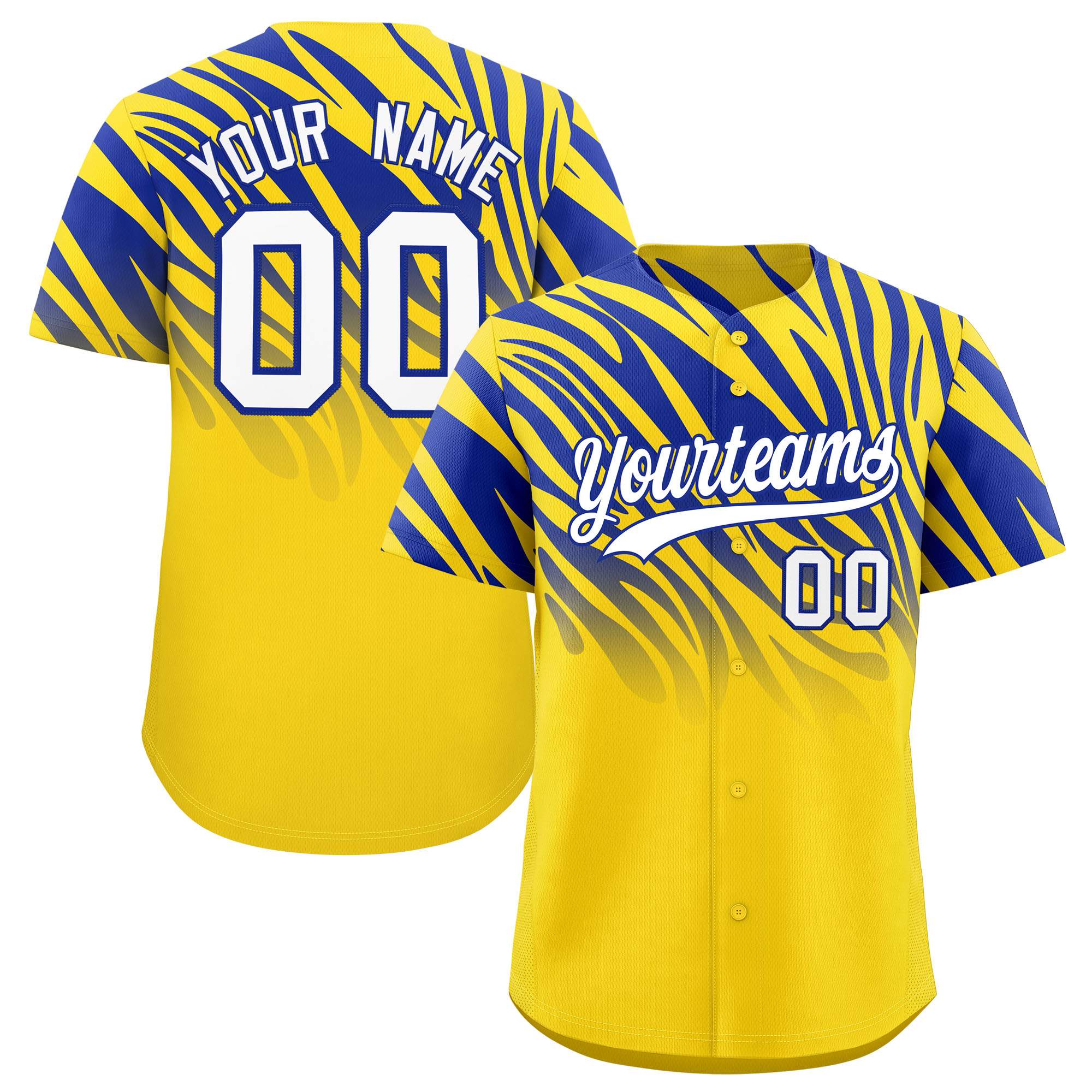 Custom Gold Royal Tiger Stripe Gradient Animal Print Personalized Team Shirt Baseball Jersey