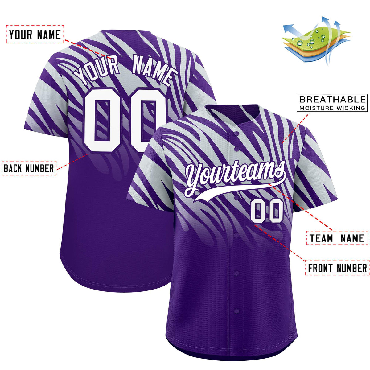 Custom Purple Silver Tiger Stripe Gradient Animal Print Personalized Team Shirt Baseball Jersey
