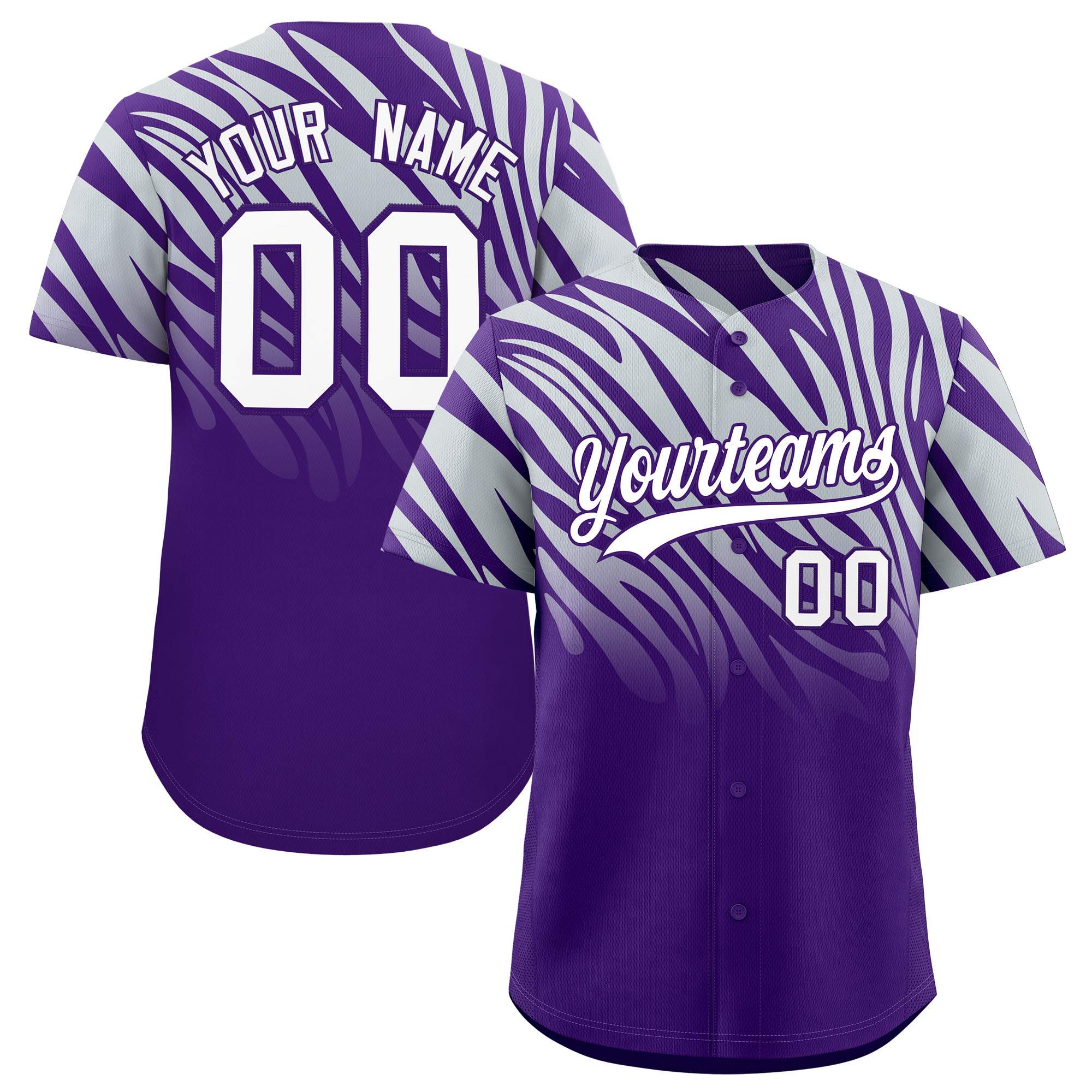 Custom Purple Silver Tiger Stripe Gradient Animal Print Personalized Team Shirt Baseball Jersey