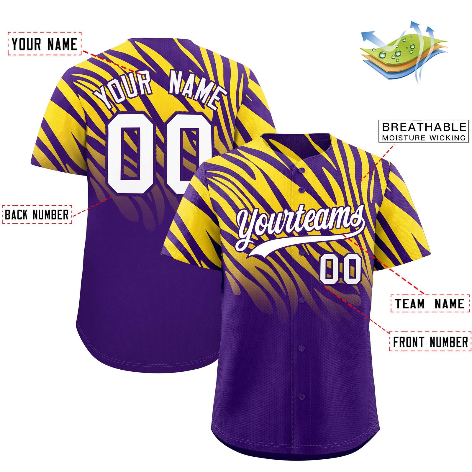 Custom Purple Gold Tiger Stripe Gradient Animal Print Personalized Team Shirt Baseball Jersey