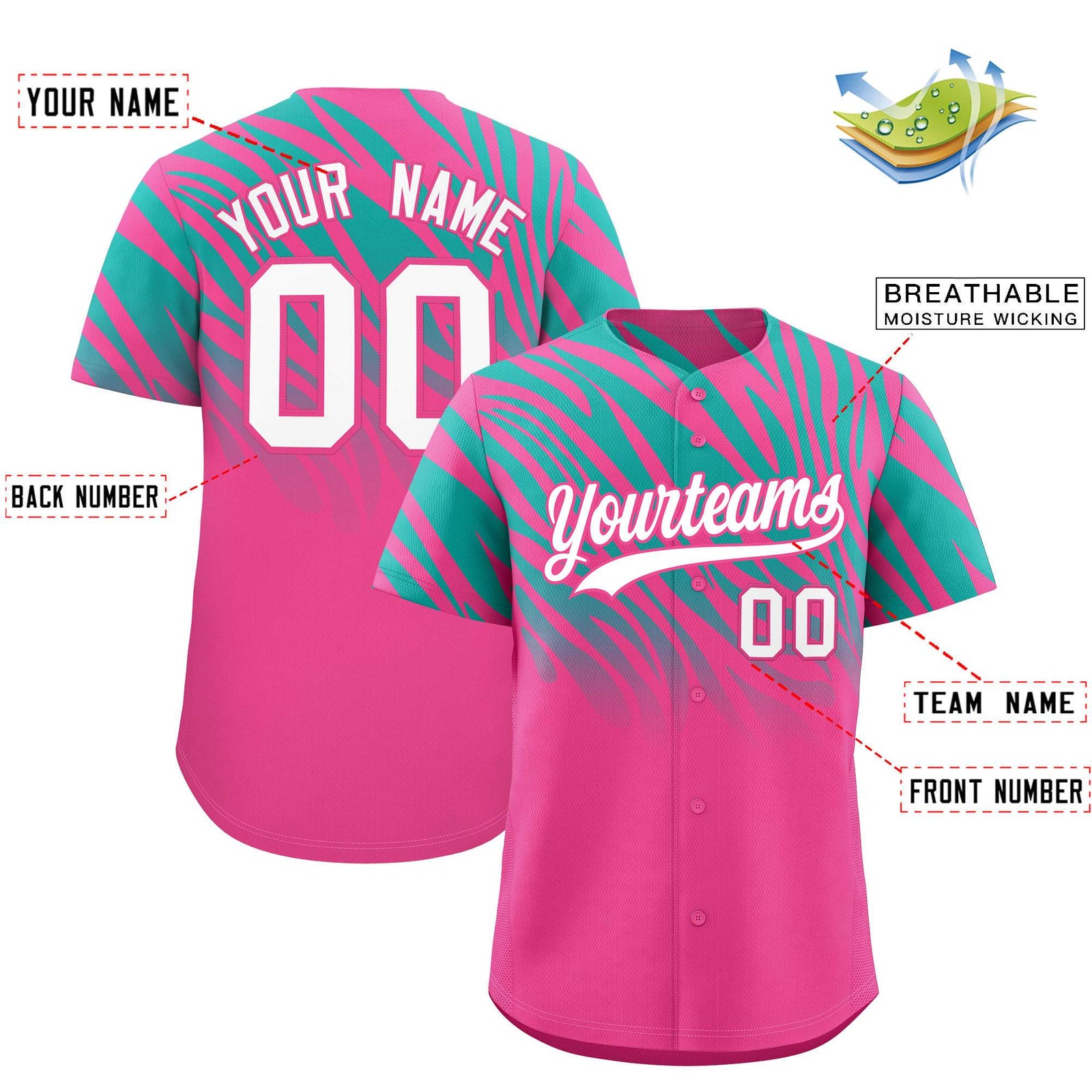Custom Pink Aqua Tiger Stripe Gradient Animal Print Personalized Team Shirt Baseball Jersey