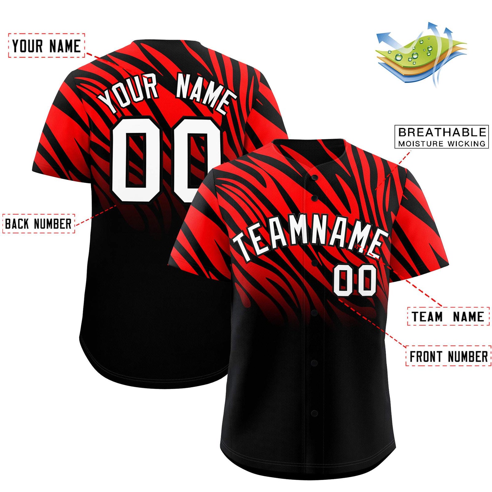 Custom Red Black Tiger Stripe Gradient Animal Print Personalized Team Shirt Baseball Jersey