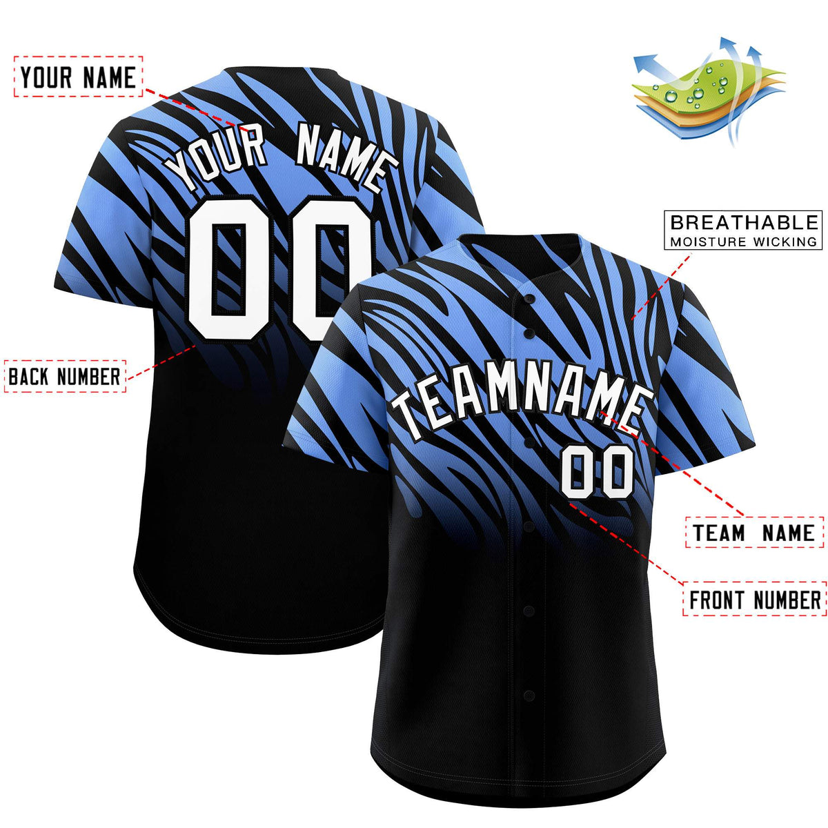 Custom Light Blue Black Tiger Stripe Gradient Animal Print Personalized Team Shirt Baseball Jersey