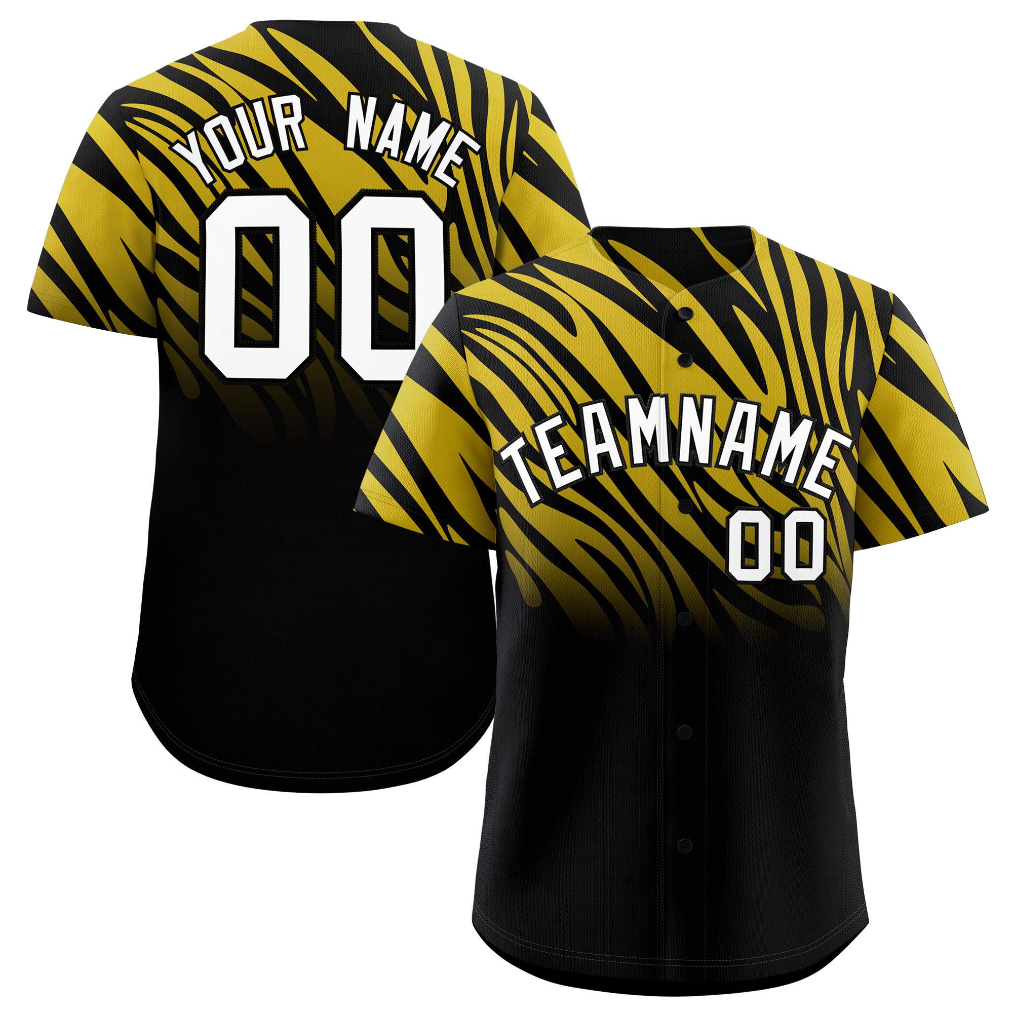 Custom Old Gold Black Tiger Stripe Gradient Animal Print Personalized Team Shirt Baseball Jersey