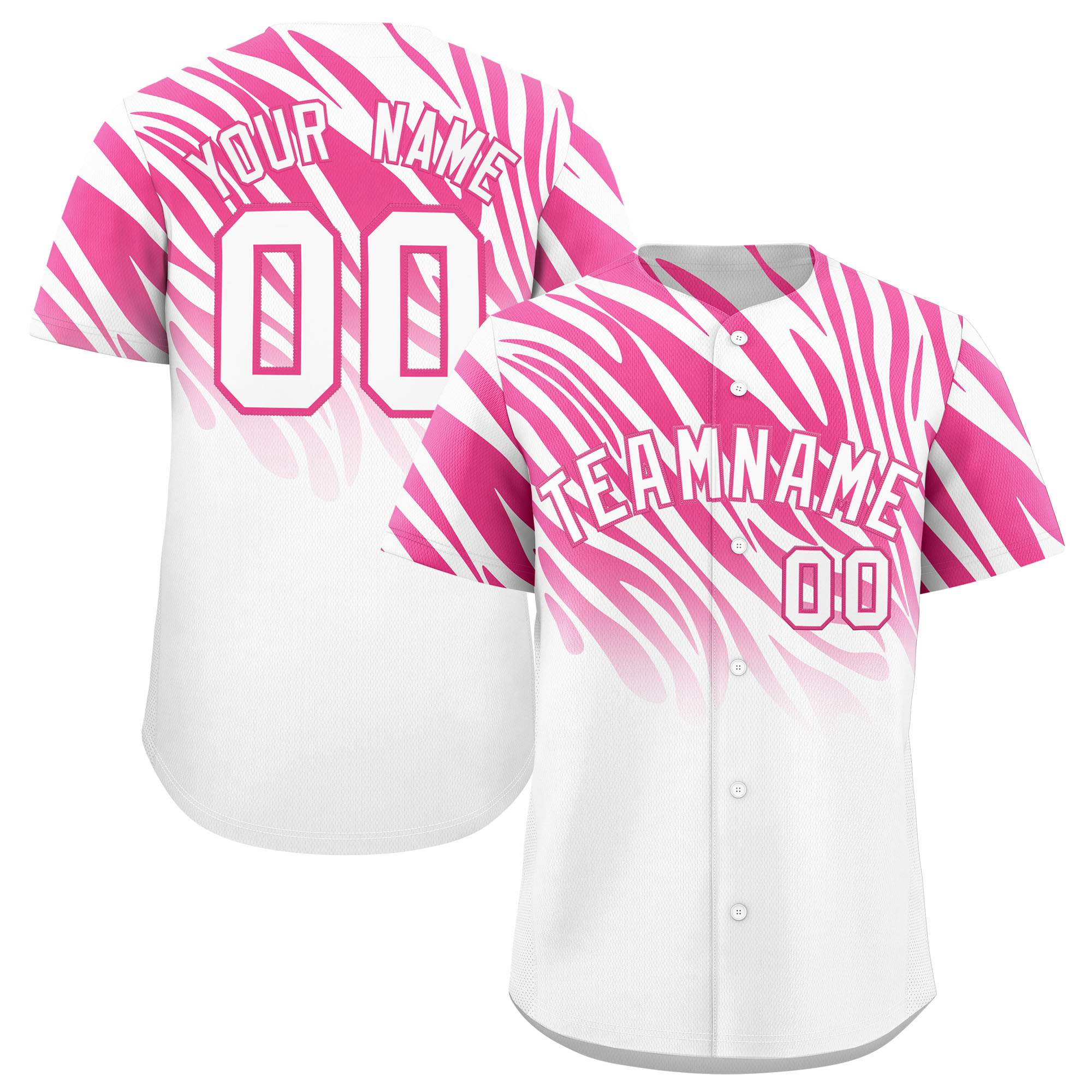 Custom Pink White Tiger Stripe Gradient Animal Print Personalized Team Shirt Baseball Jersey