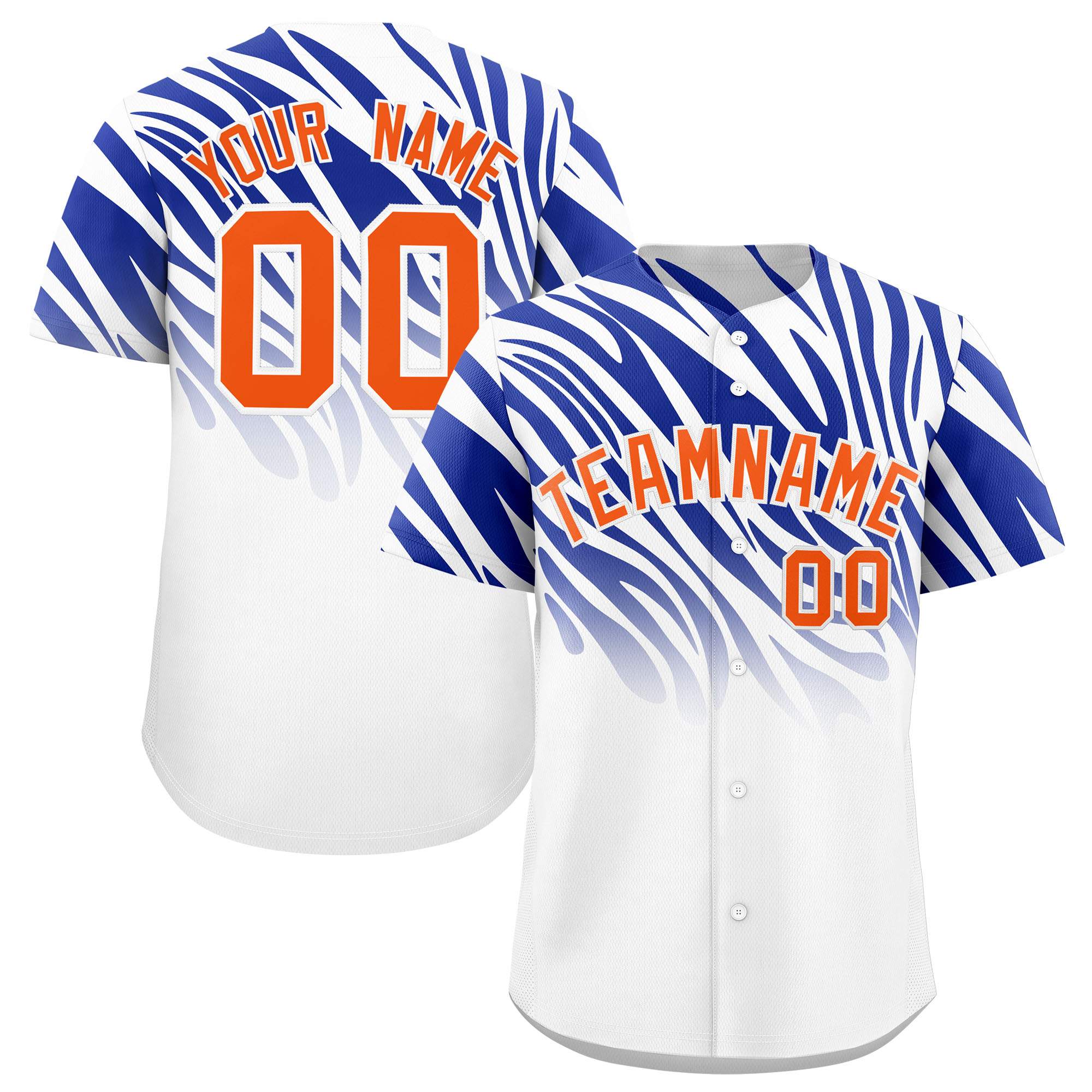 Custom Royal White Tiger Stripe Gradient Animal Print Personalized Team Shirt Baseball Jersey