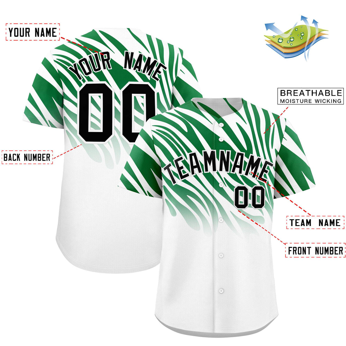 Custom Kelly Green White Tiger Stripe Gradient Animal Print Personalized Team Shirt Baseball Jersey