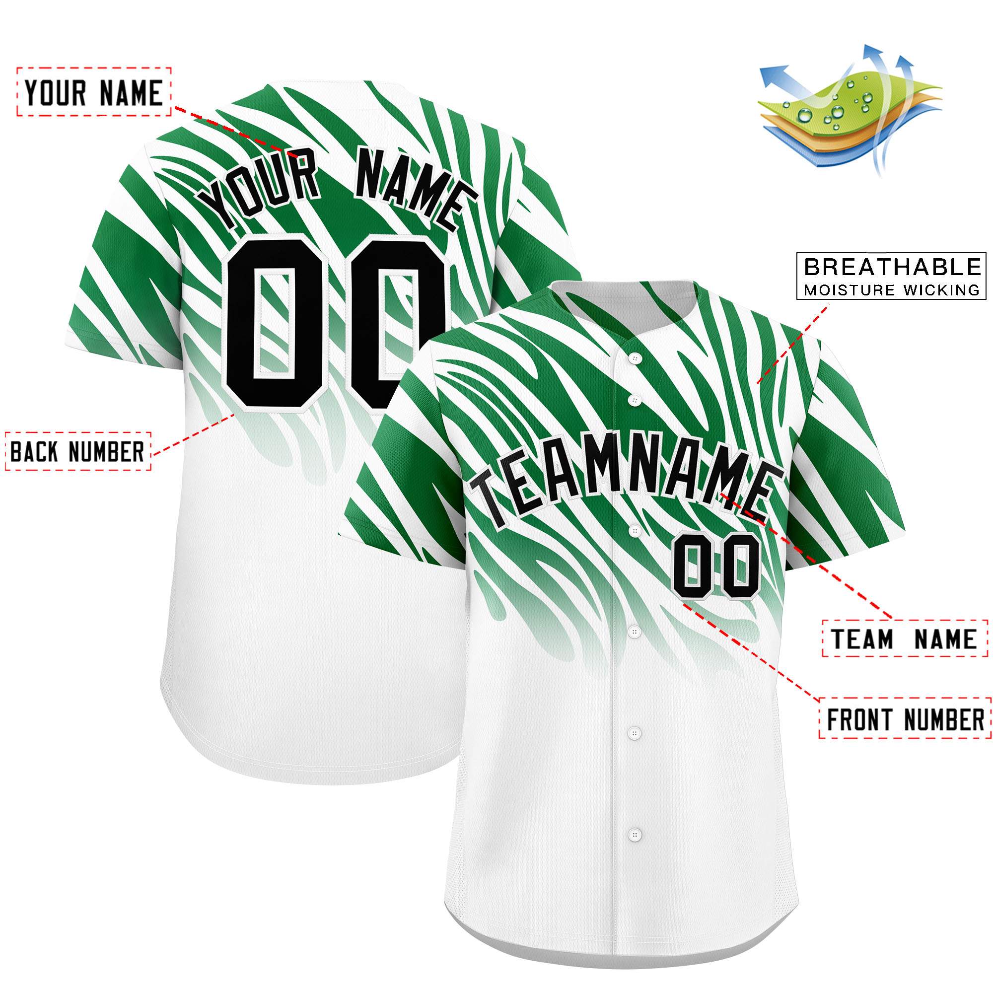 Custom Kelly Green White Tiger Stripe Gradient Animal Print Personalized Team Shirt Baseball Jersey