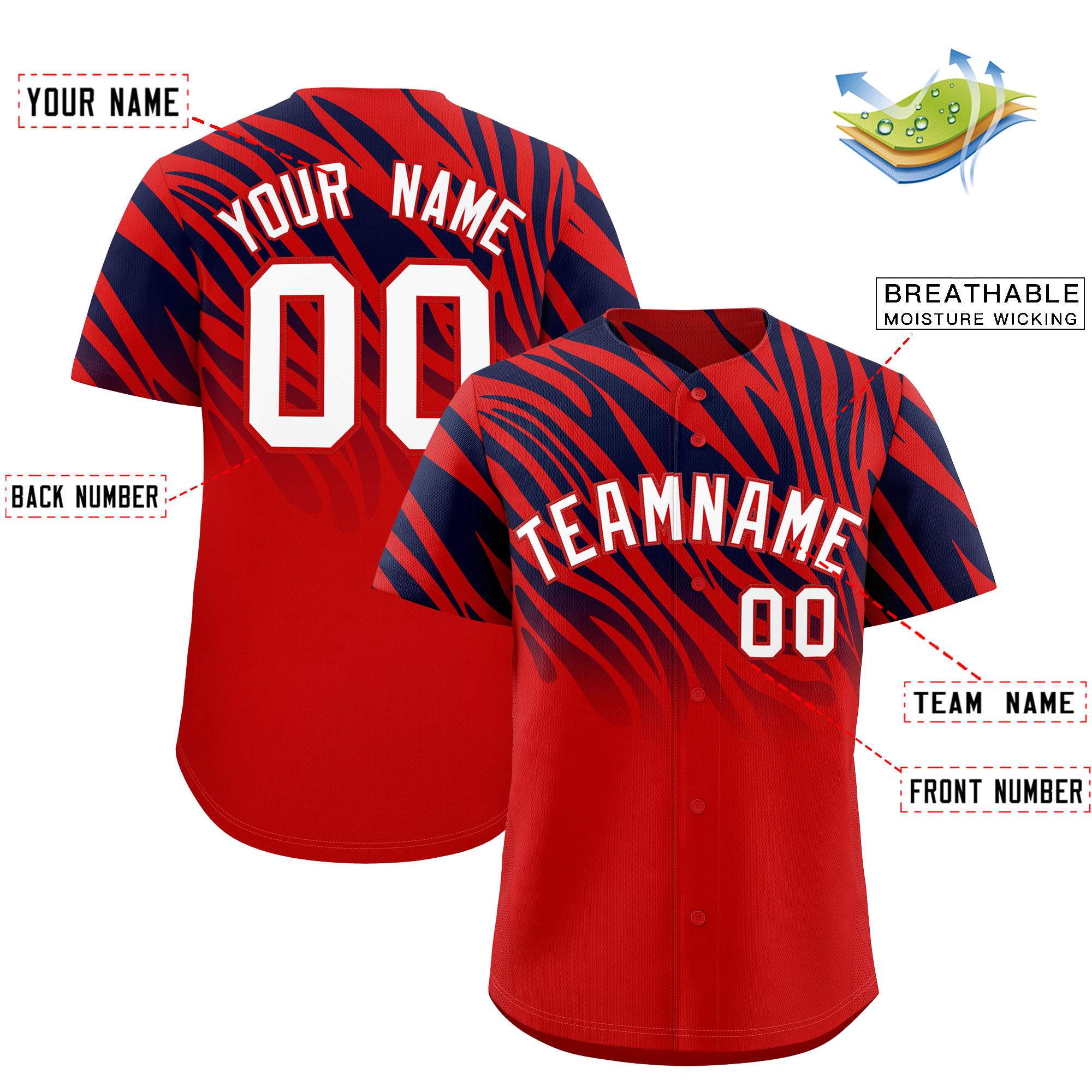 Custom Navy Red Tiger Stripe Gradient Animal Print Personalized Team Shirt Baseball Jersey