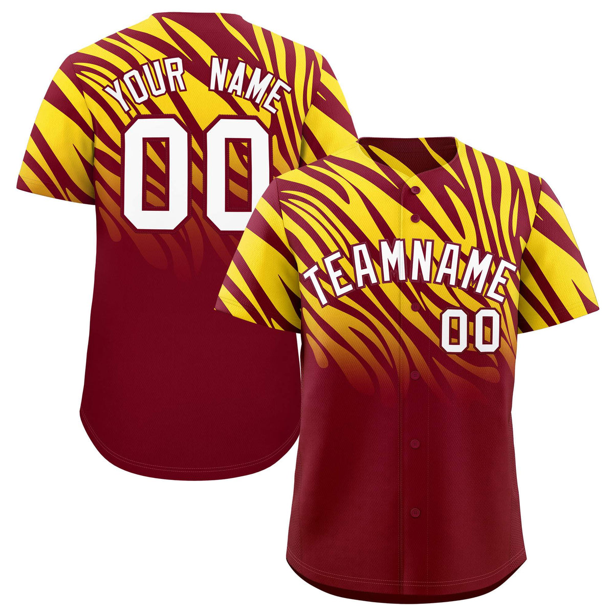 Custom Crimson Gold Tiger Stripe Gradient Animal Print Personalized Team Shirt Baseball Jersey