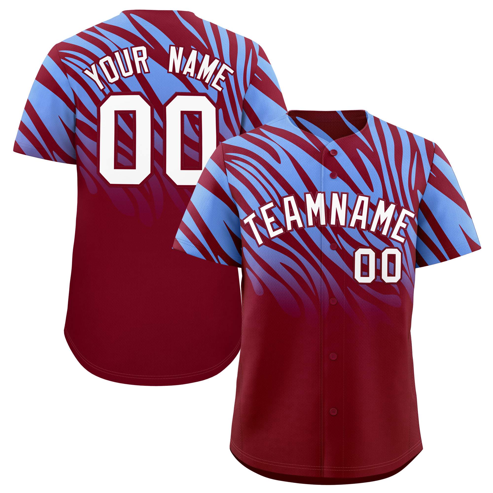Custom Light Blue Crimson Tiger Stripe Gradient Animal Print Personalized Team Shirt Baseball Jersey