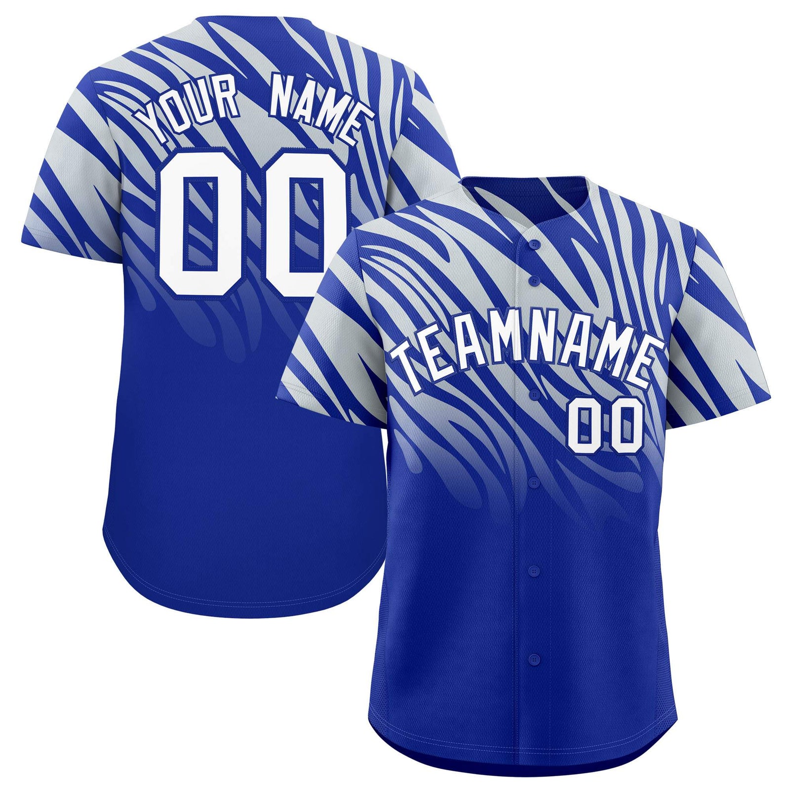Custom Royal Silver Tiger Stripe Gradient Animal Print Personalized Team Shirt Baseball Jersey