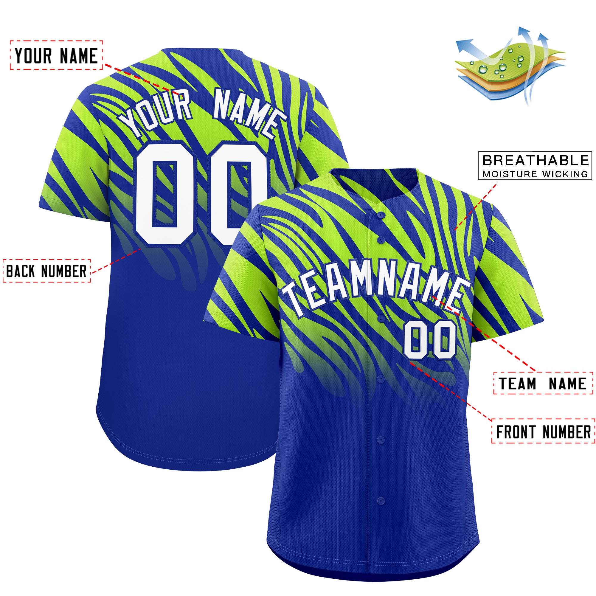 Custom Royal Neon Green Tiger Stripe Gradient Animal Print Personalized Team Shirt Baseball Jersey