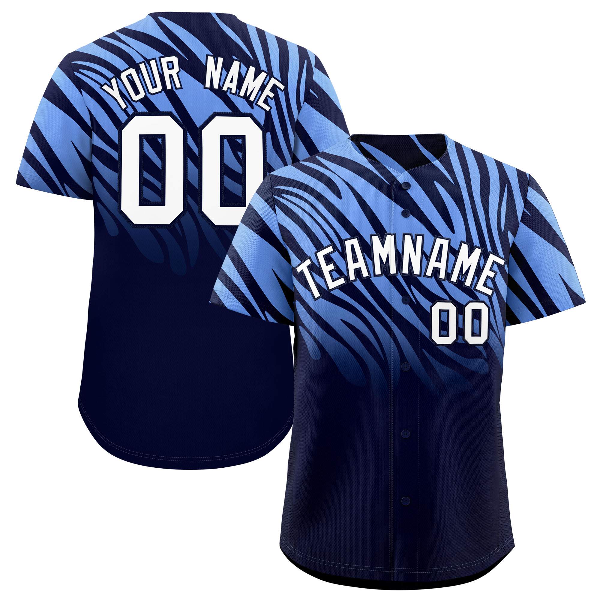 Custom Navy Light Blue Tiger Stripe Gradient Animal Print Personalized Team Shirt Baseball Jersey