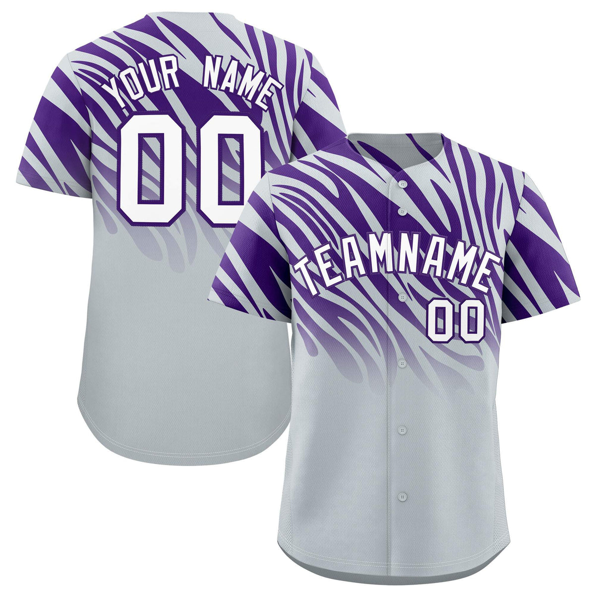 Custom Purple Silver Tiger Stripe Gradient Animal Print Personalized Team Shirt Baseball Jersey
