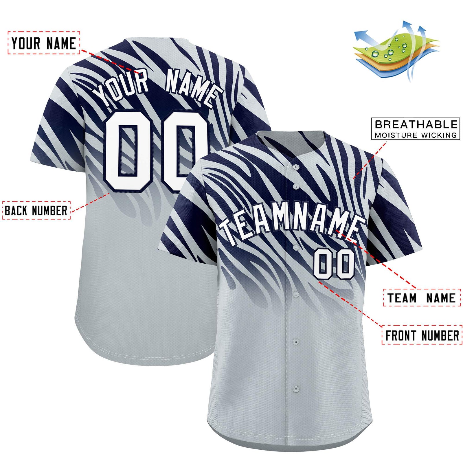 Custom Navy Silver Tiger Stripe Gradient Animal Print Personalized Team Shirt Baseball Jersey
