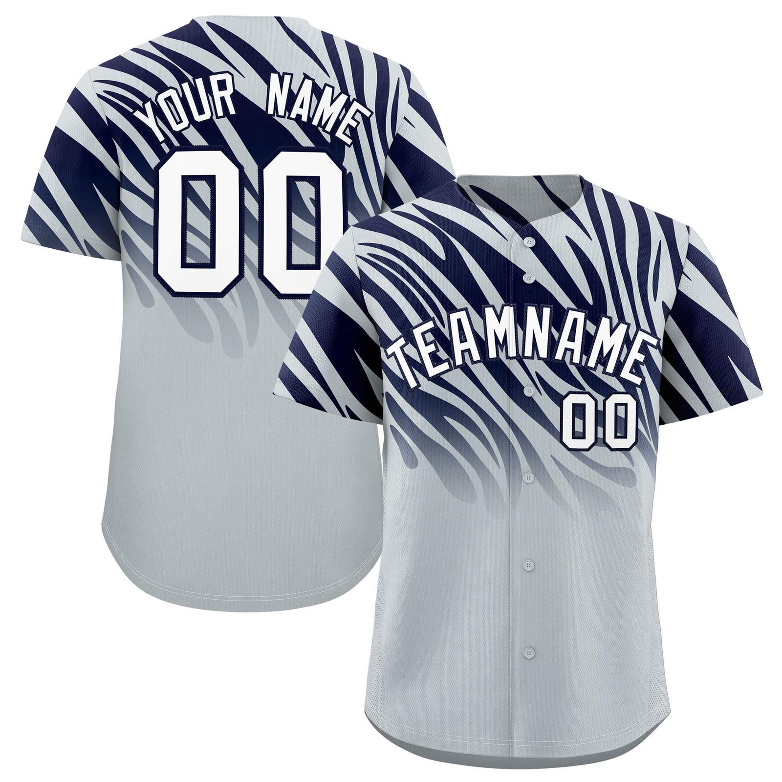 Custom Navy Silver Tiger Stripe Gradient Animal Print Personalized Team Shirt Baseball Jersey