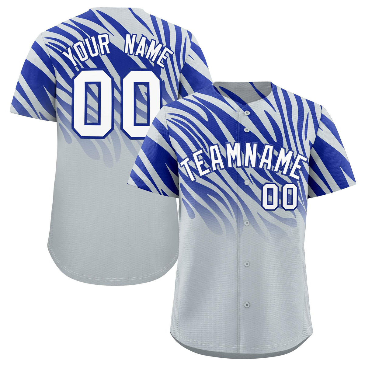 Custom Royal Silver Tiger Stripe Gradient Animal Print Personalized Team Shirt Baseball Jersey