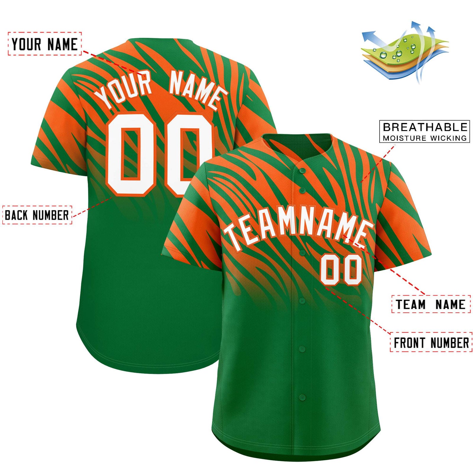 Custom Kelly Green Orange Tiger Stripe Gradient Animal Print Personalized Team Shirt Baseball Jersey