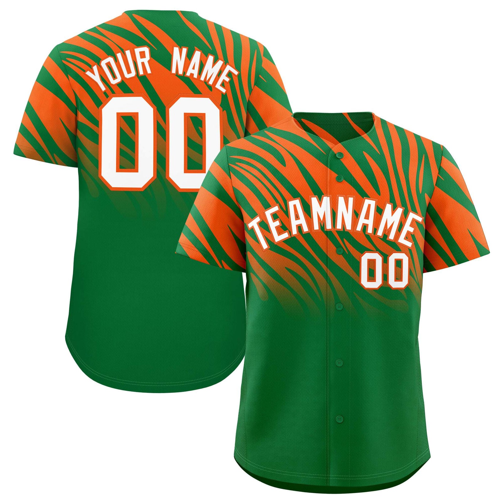 Custom Kelly Green Orange Tiger Stripe Gradient Animal Print Personalized Team Shirt Baseball Jersey