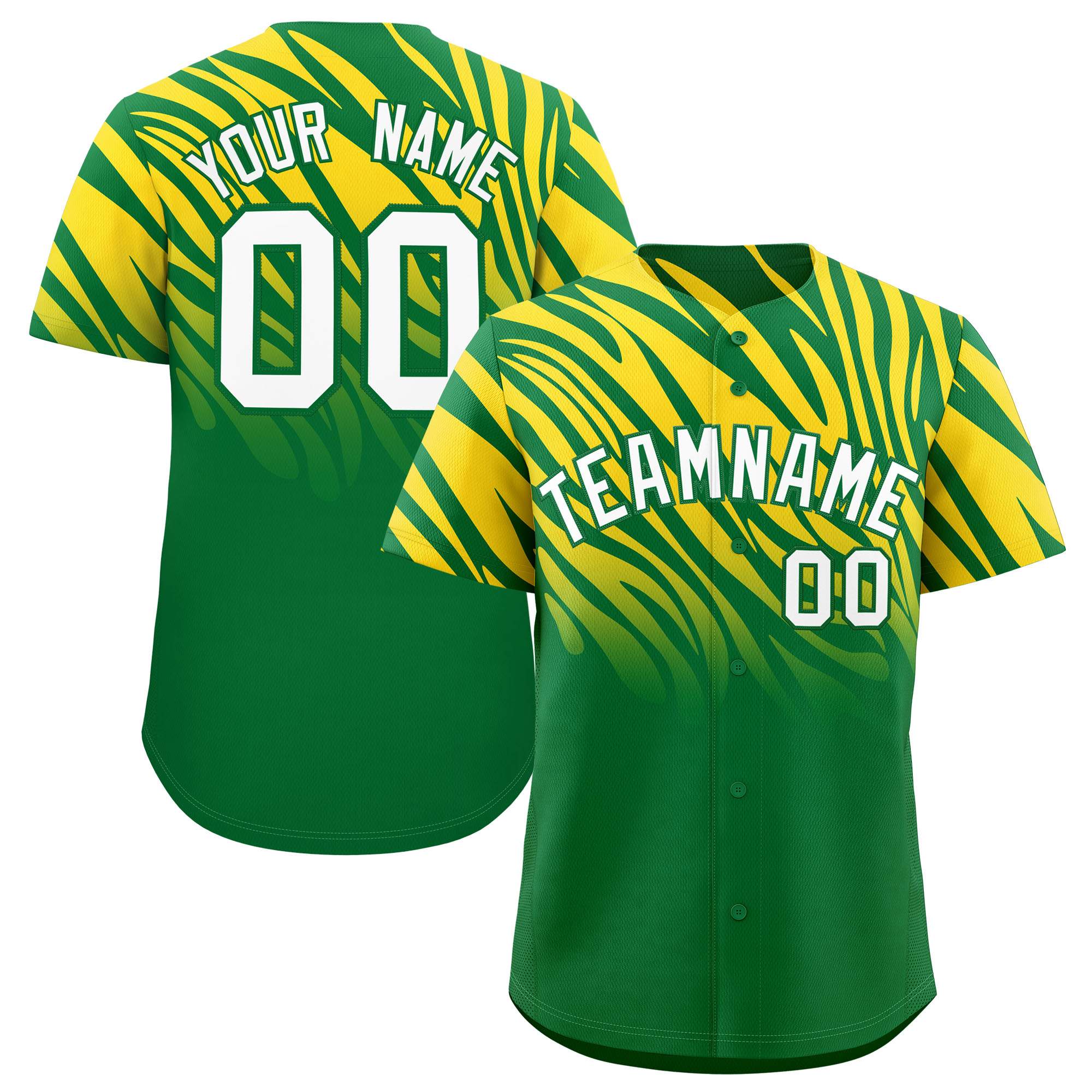 Custom Gold Kelly Green Tiger Stripe Gradient Animal Print Personalized Team Shirt Baseball Jersey