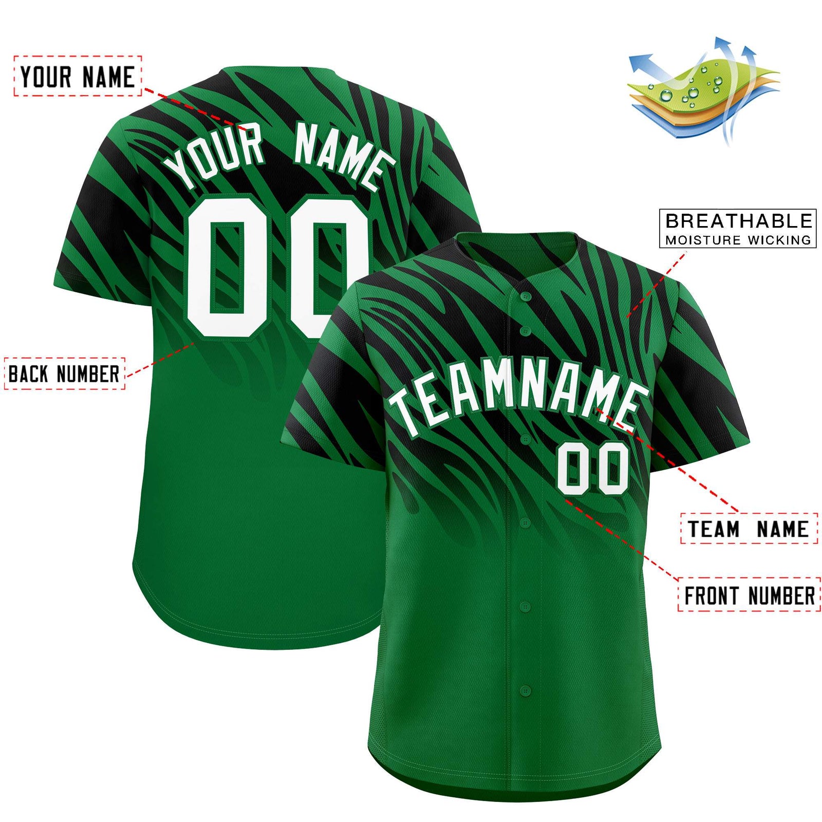Custom Kelly Green Black Tiger Stripe Gradient Animal Print Personalized Team Shirt Baseball Jersey