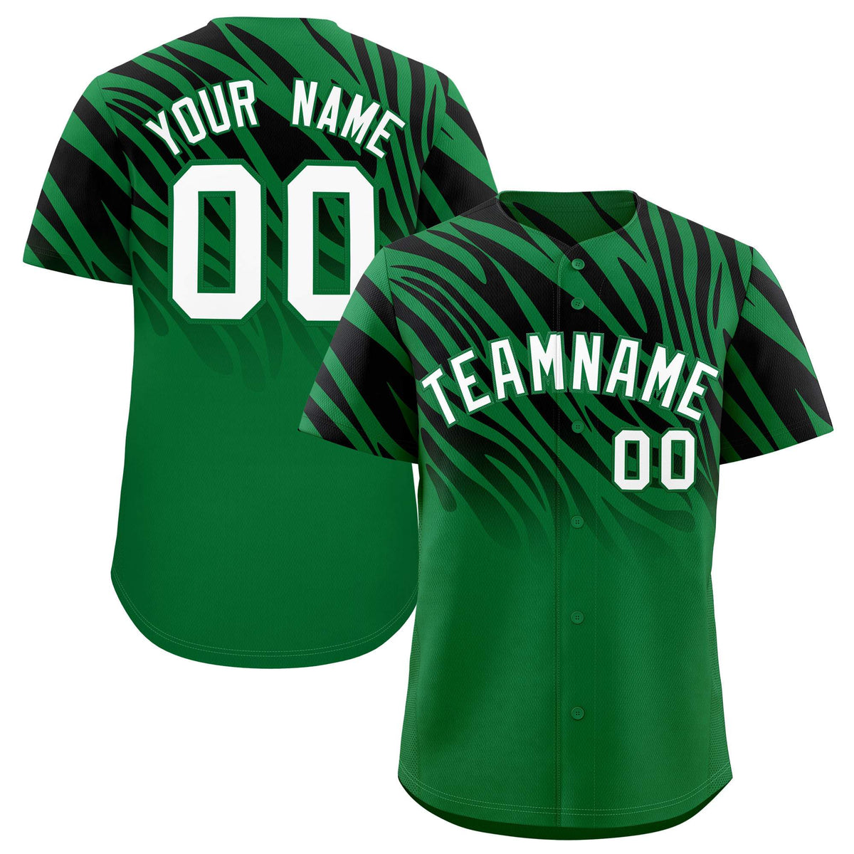 Custom Kelly Green Black Tiger Stripe Gradient Animal Print Personalized Team Shirt Baseball Jersey