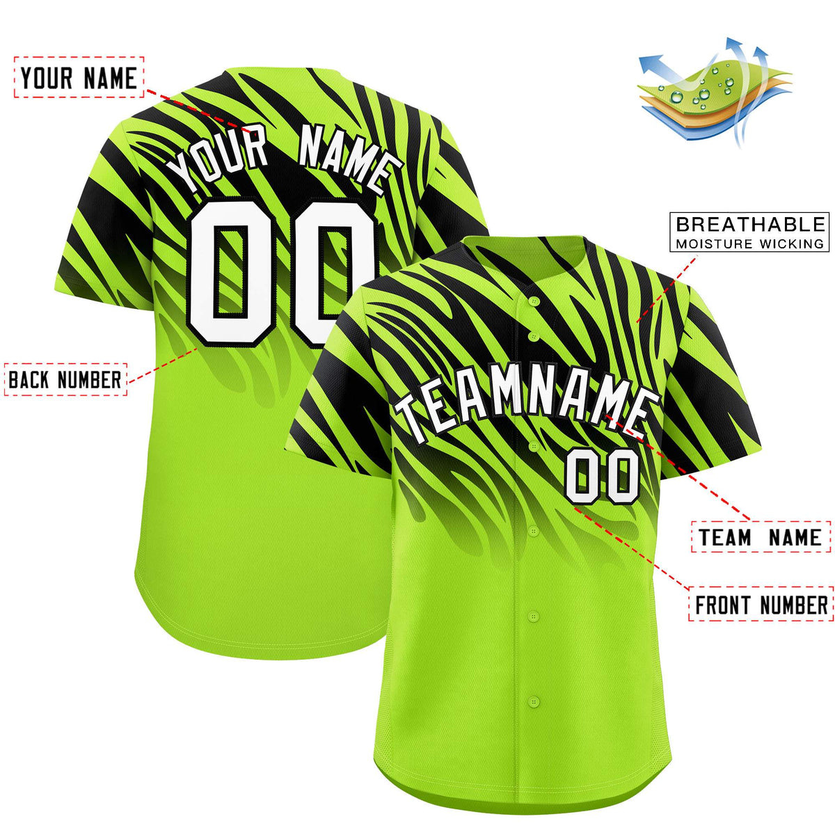 Custom Neon Green Black Tiger Stripe Gradient Animal Print Personalized Team Shirt Baseball Jersey