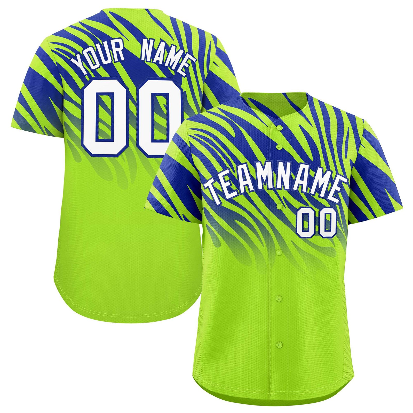Custom Neon Green Royal Tiger Stripe Gradient Animal Print Personalized Team Shirt Baseball Jersey