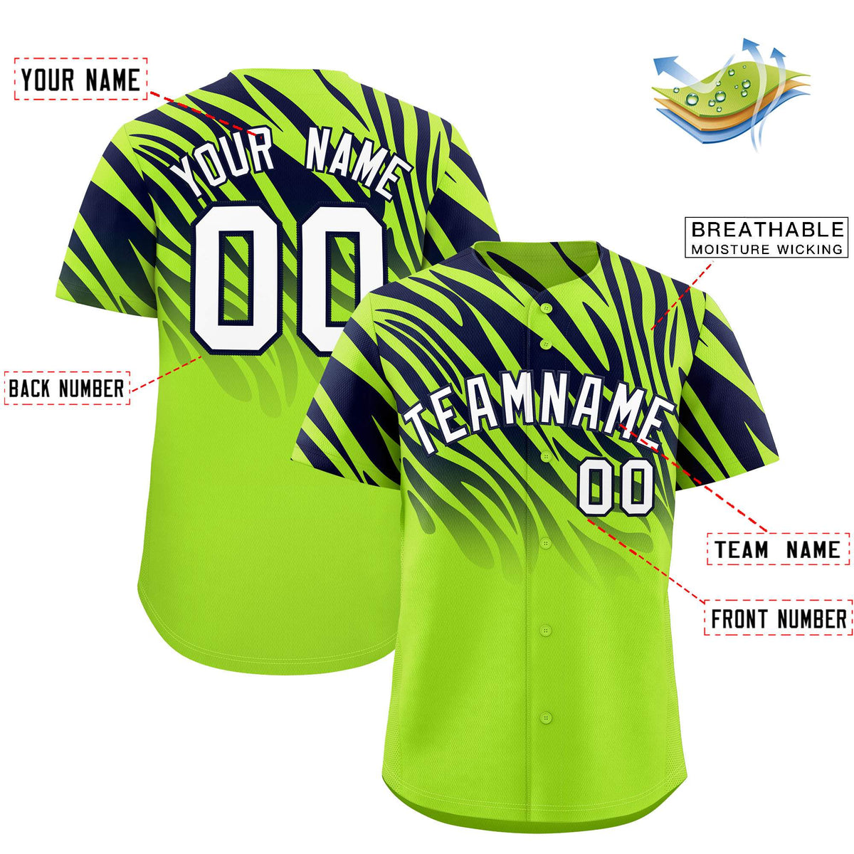 Custom Neon Green Navy Tiger Stripe Gradient Animal Print Personalized Team Shirt Baseball Jersey