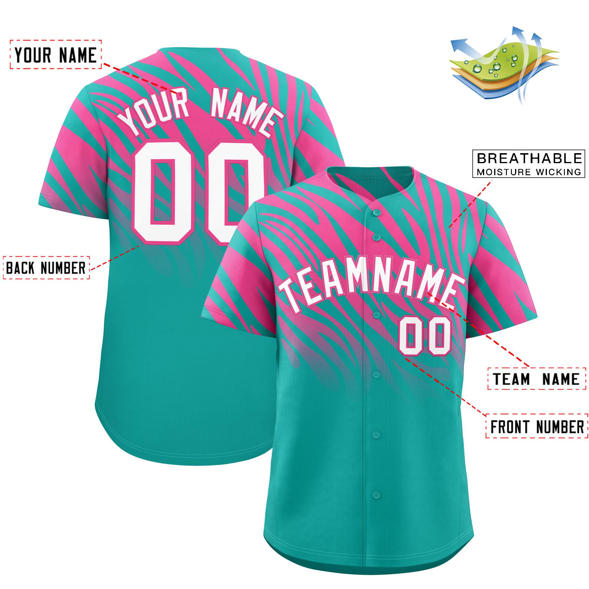 Custom Aqua Pink Tiger Stripe Gradient Animal Print Personalized Team Shirt Baseball Jersey