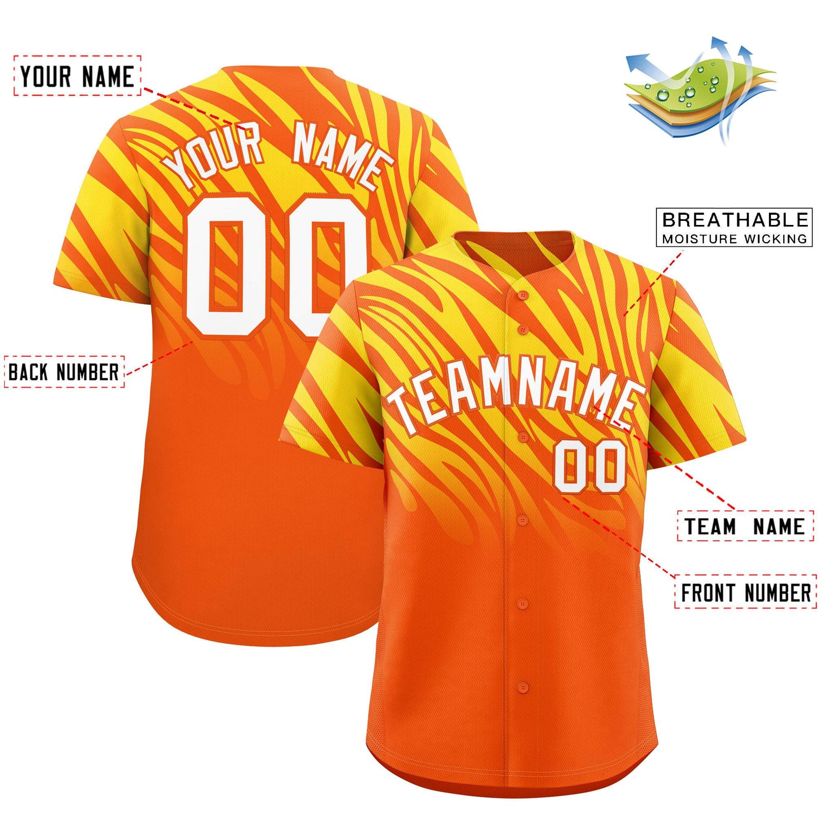 Custom Orange Gold Tiger Stripe Gradient Animal Print Personalized Team Shirt Baseball Jersey