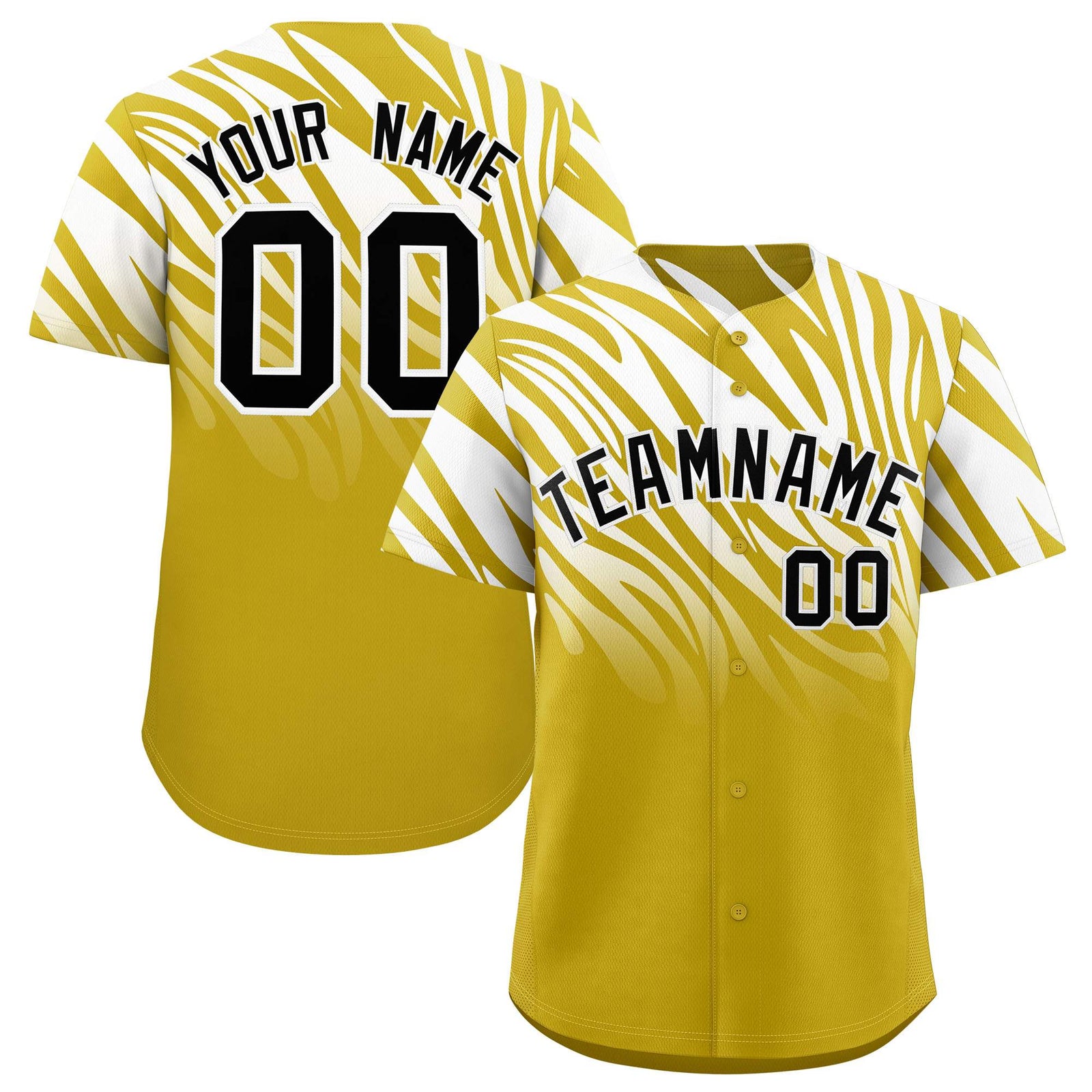 Custom White Old Gold Tiger Stripe Gradient Animal Print Personalized Team Shirt Baseball Jersey