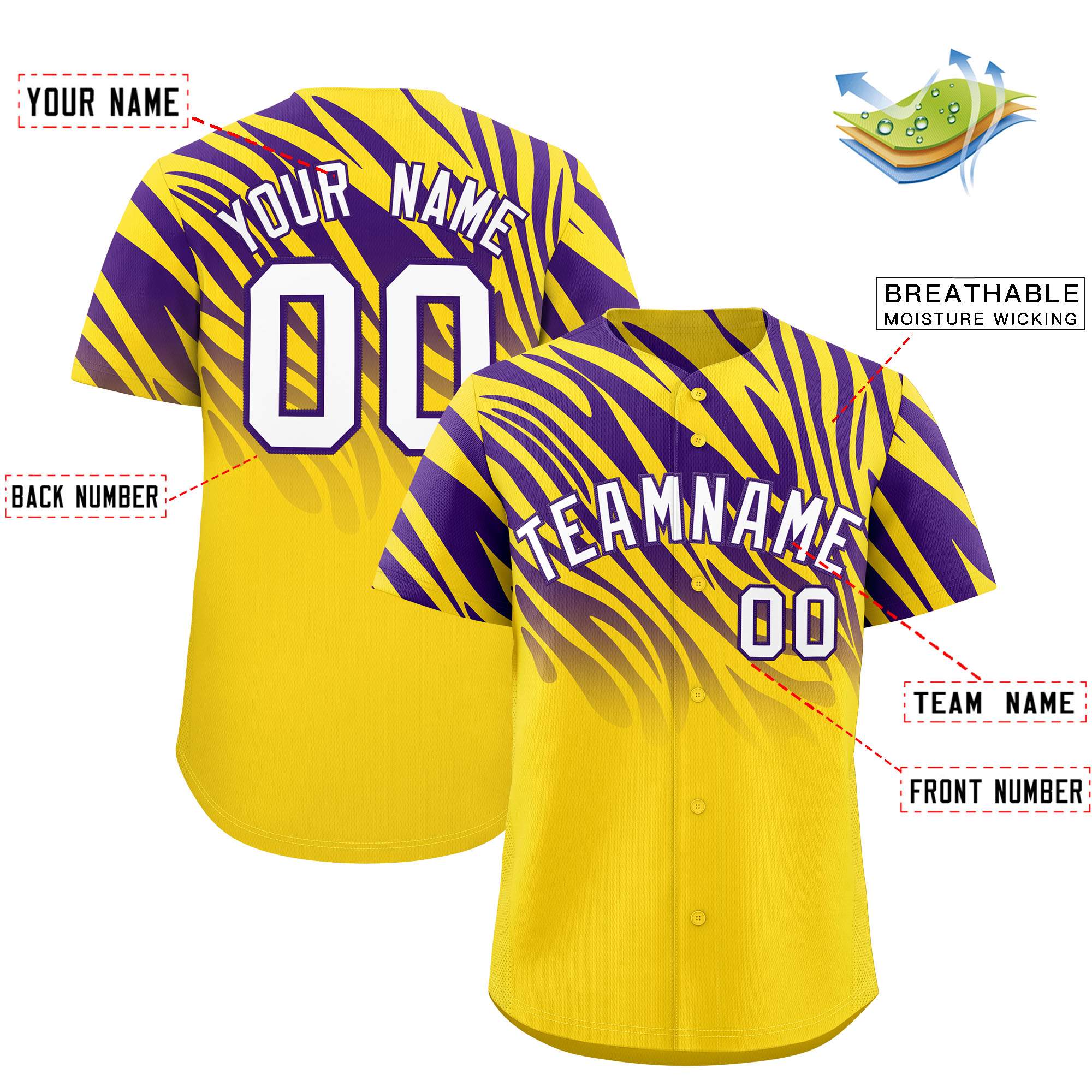 Custom Purple Gold Tiger Stripe Gradient Animal Print Personalized Team Shirt Baseball Jersey
