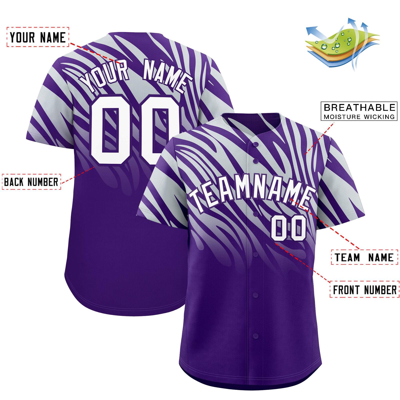 Custom Purple Silver Tiger Stripe Gradient Animal Print Personalized Team Shirt Baseball Jersey