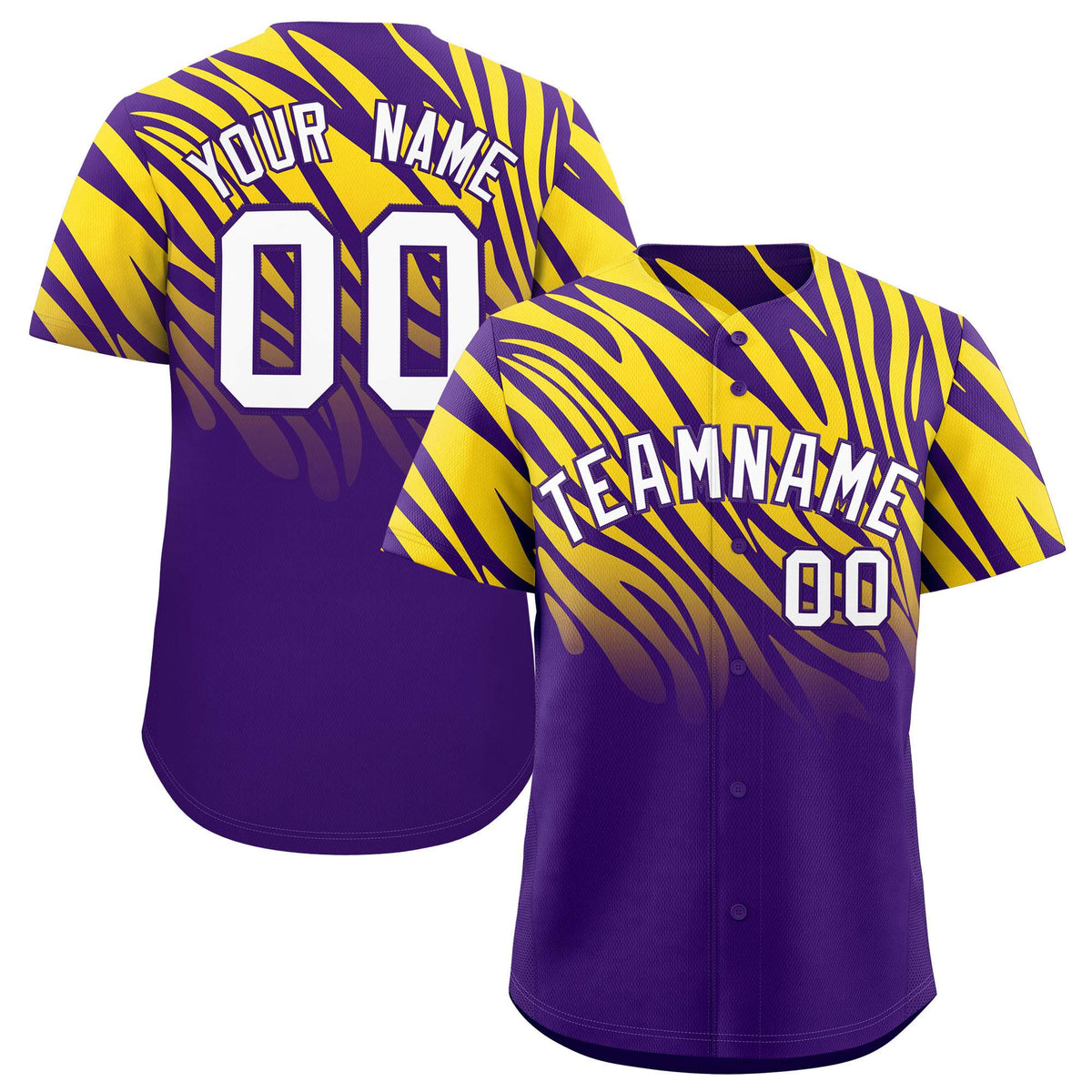 Custom Purple Gold Tiger Stripe Gradient Animal Print Personalized Team Shirt Baseball Jersey