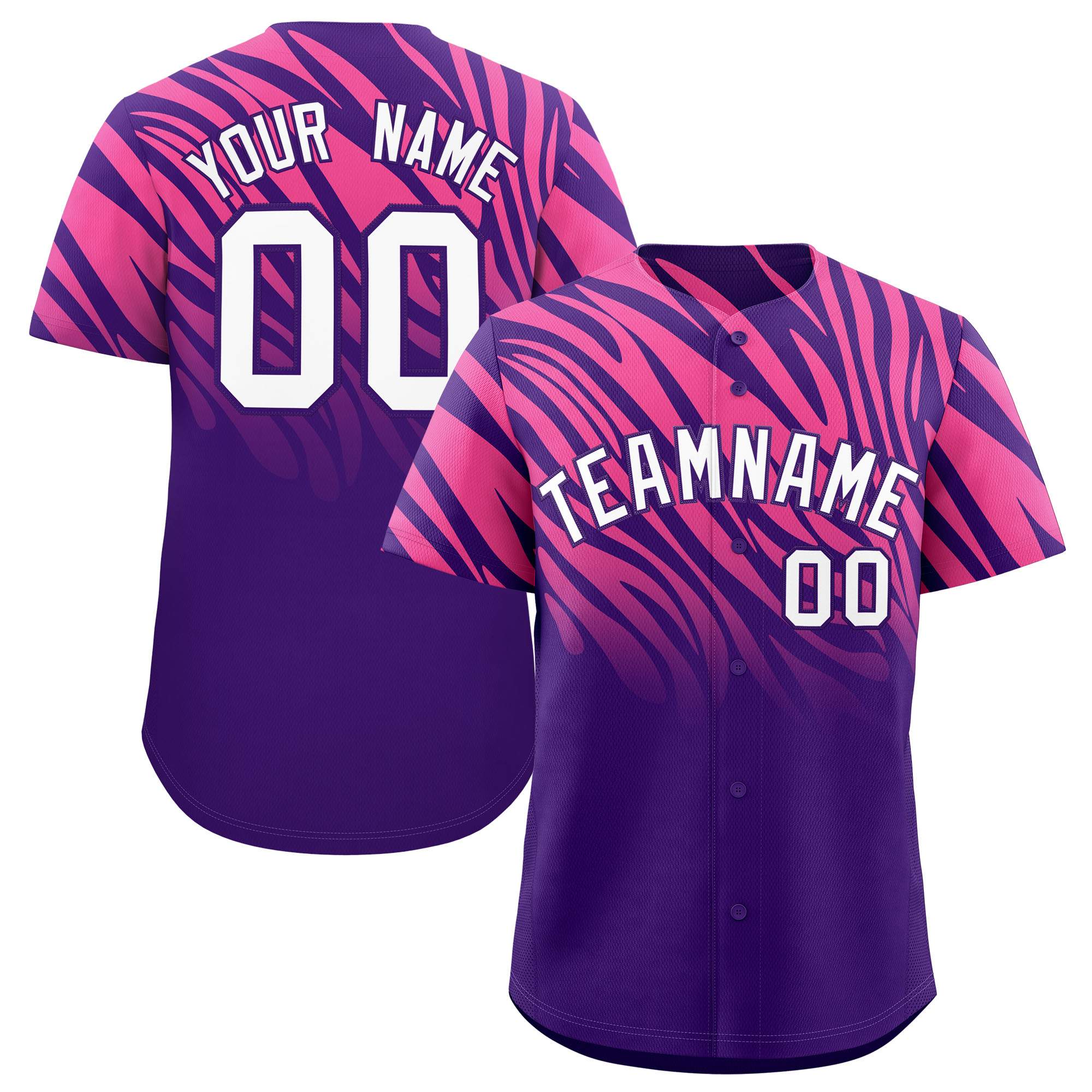 Custom Purple Pink Tiger Stripe Gradient Animal Print Personalized Team Shirt Baseball Jersey