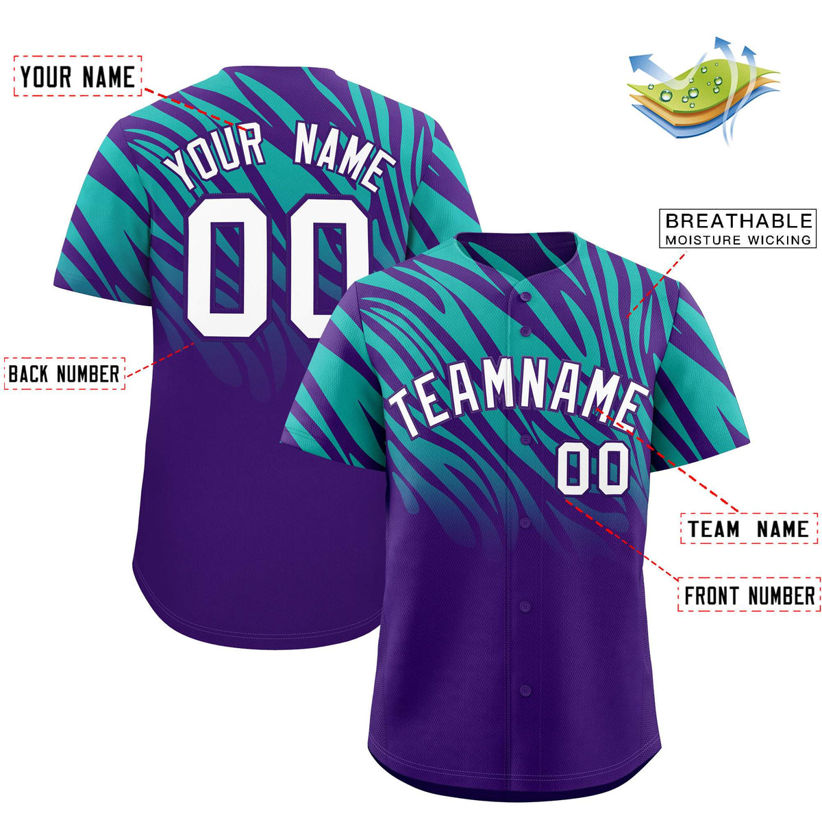 Custom Purple Aqua Tiger Stripe Gradient Animal Print Personalized Team Shirt Baseball Jersey