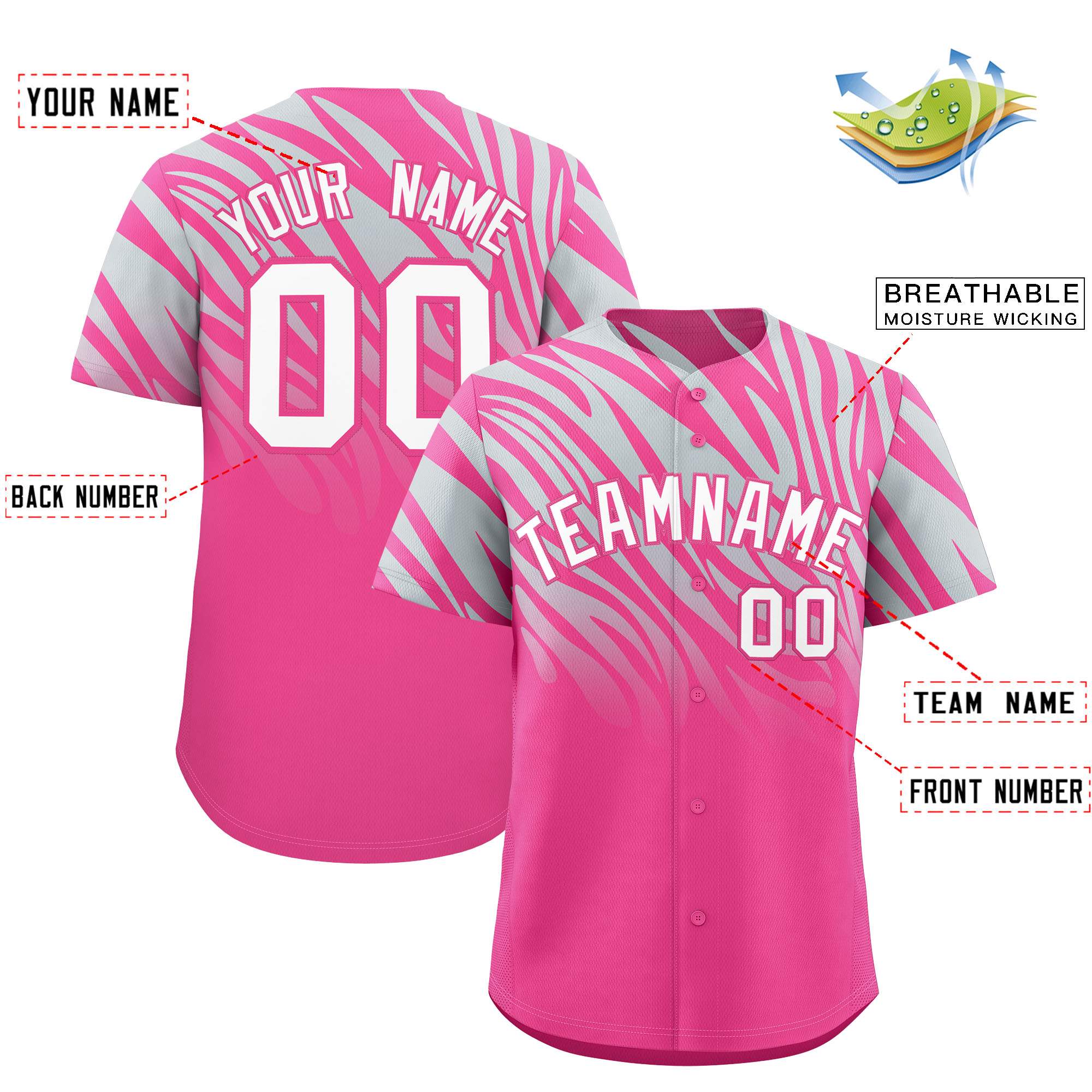 Custom Pink Silver Tiger Stripe Gradient Animal Print Personalized Team Shirt Baseball Jersey